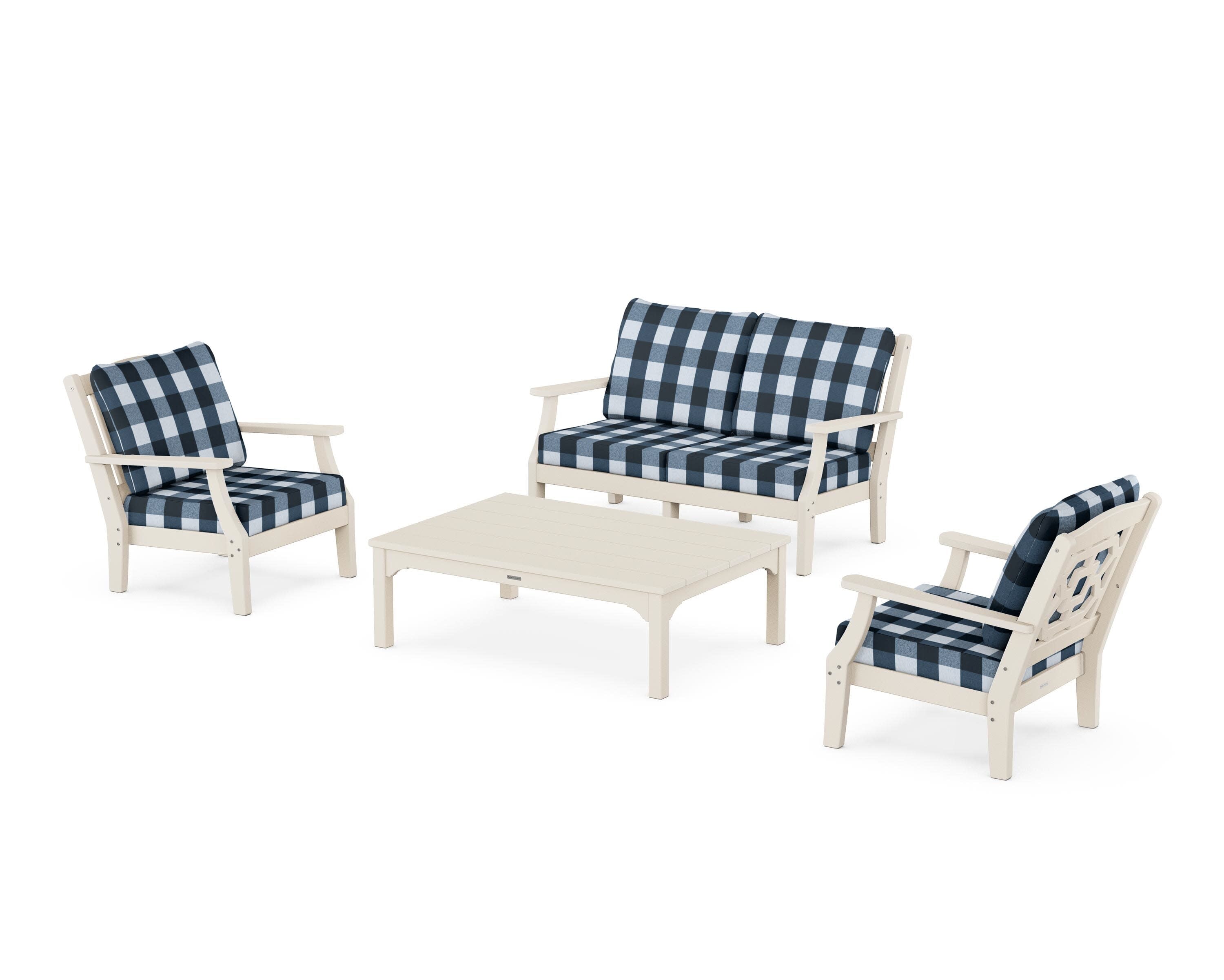 Chinoiserie 4-Piece Deep Seating Set with Loveseat in Sand / Buffalo Plaid Marine Indigo