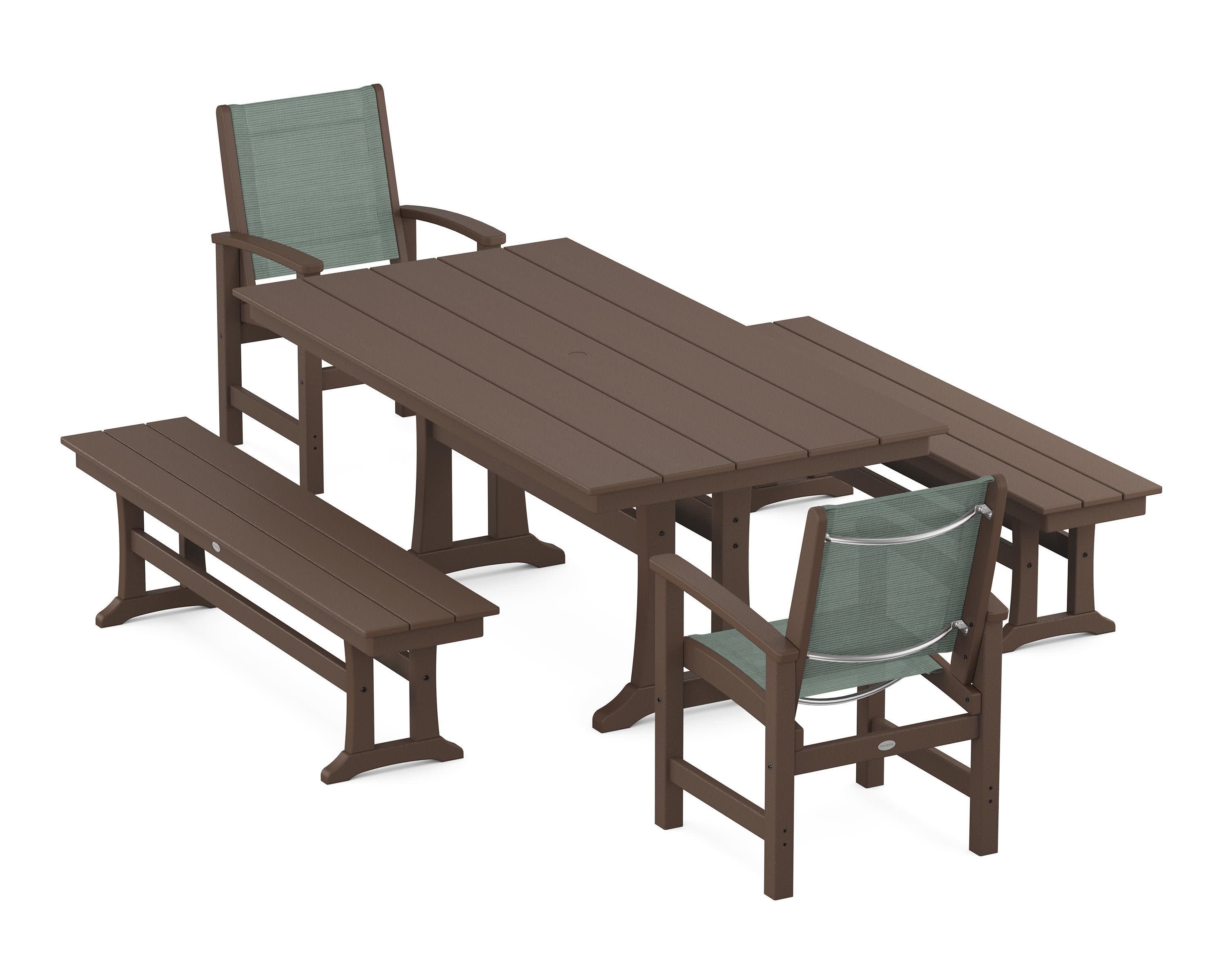 Coastal 5-Piece Farmhouse Dining Set with Trestle Legs and Benches in Mahogany / Dupioni Sea Mist Sling