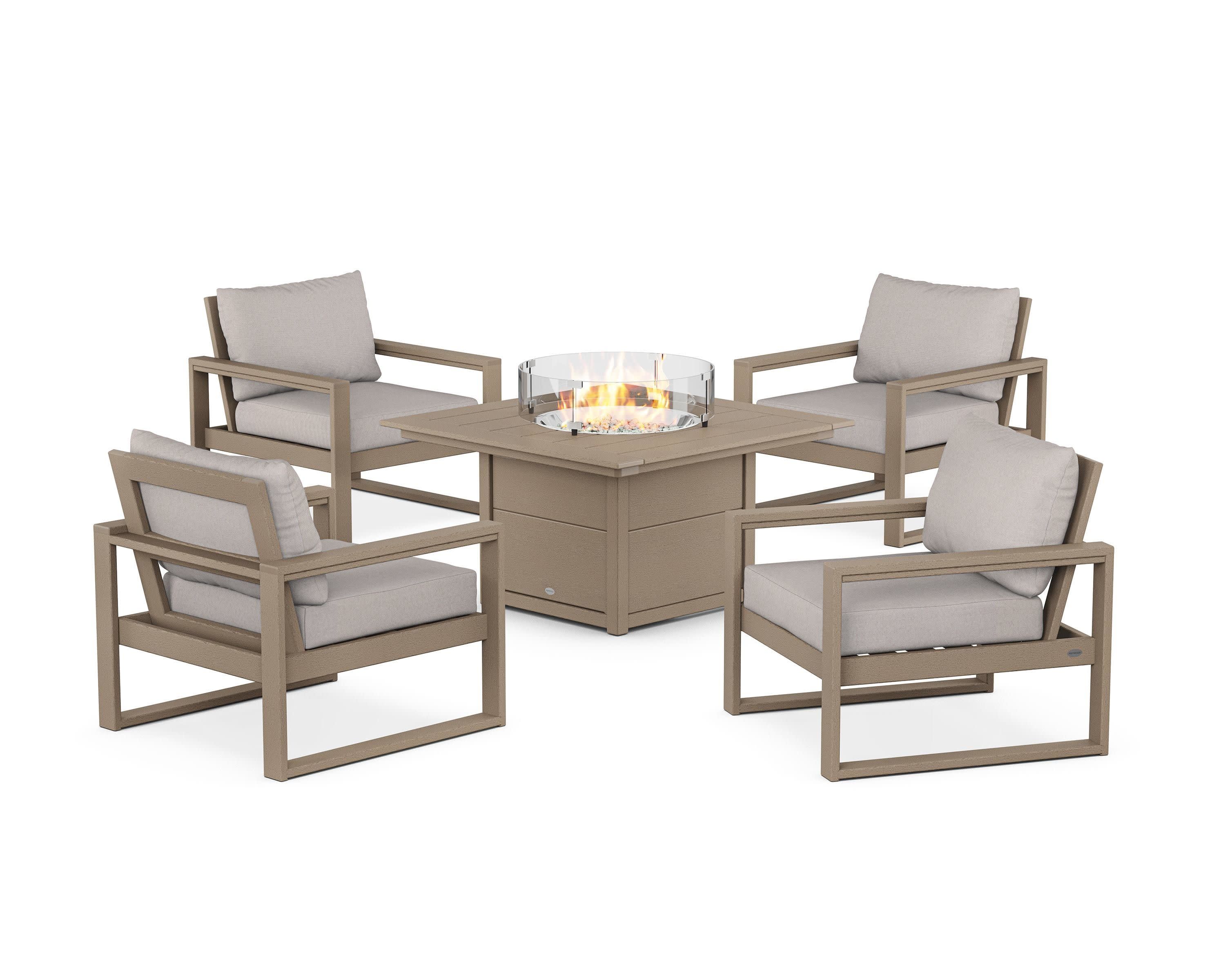 EDGE Sectional 5-Piece Deep Seating Set with Fire Pit Table in Vintage Sahara / Dune Burlap