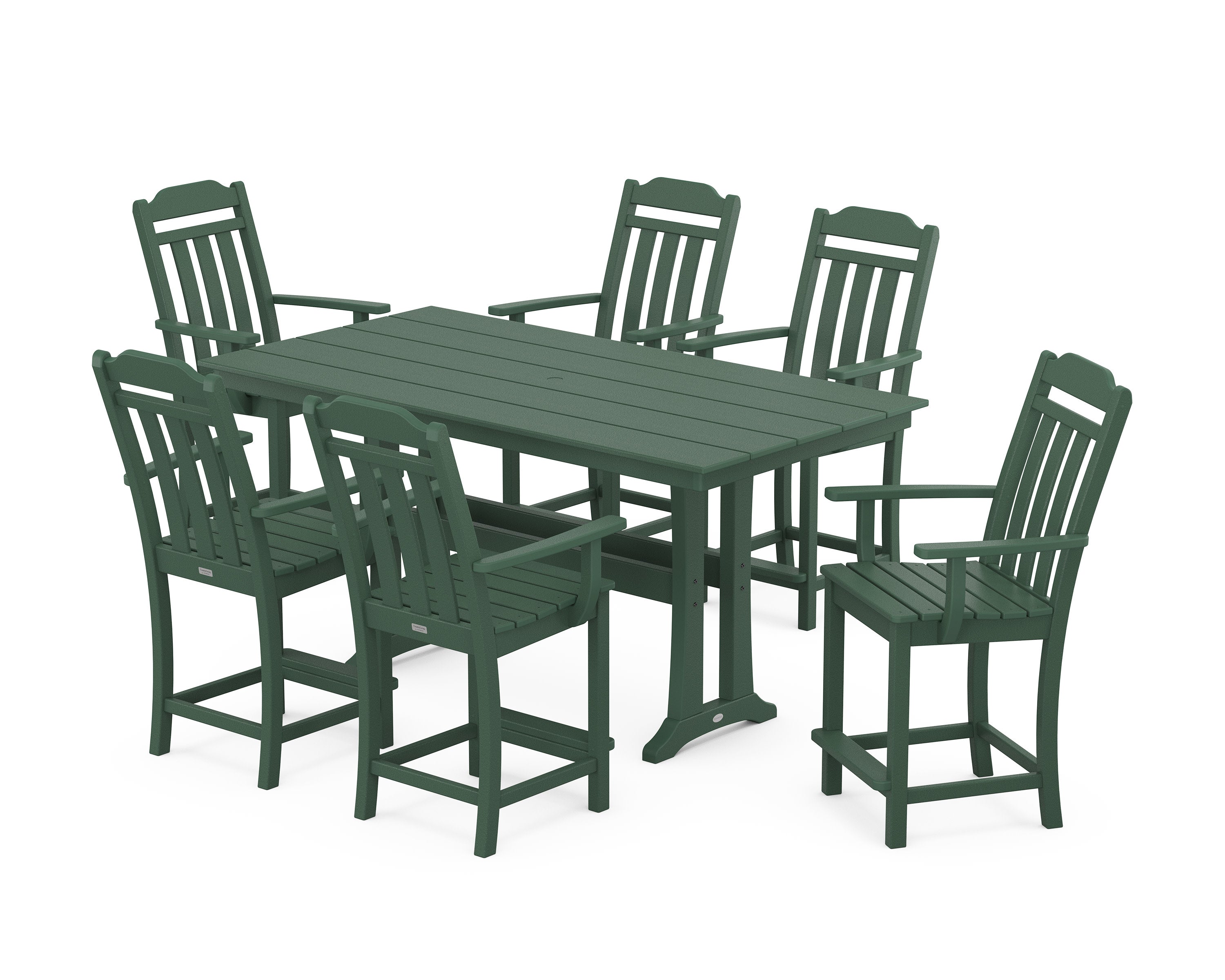 Cottage Arm Chair 7-Piece Farmhouse Counter Set with Trestle Legs in Green