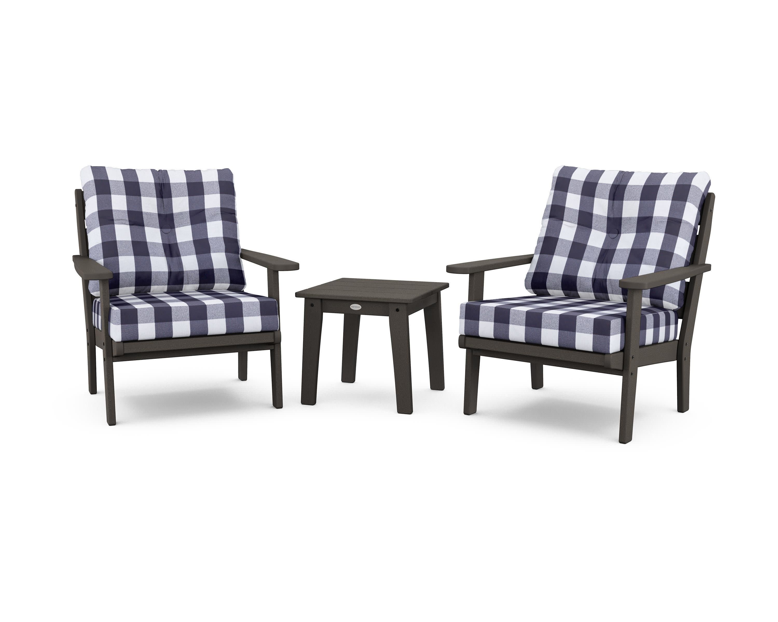 Lakeside 3-Piece Deep Seating Chair Set in Vintage Coffee / Buffalo Plaid Navy