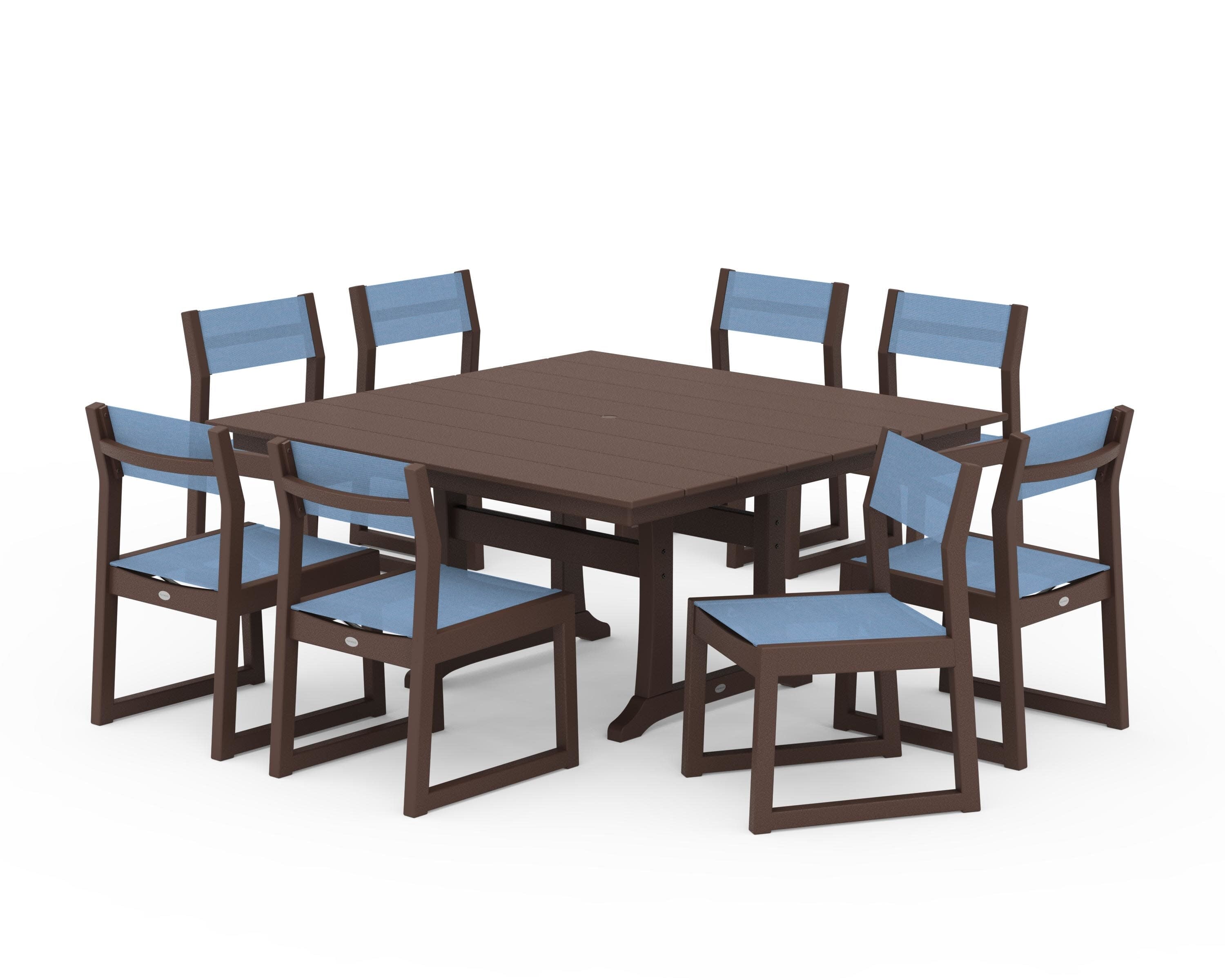 EDGE Sling Side Chair 9-Piece Farmhouse Trestle Dining Set in Mahogany / Poolside Sling
