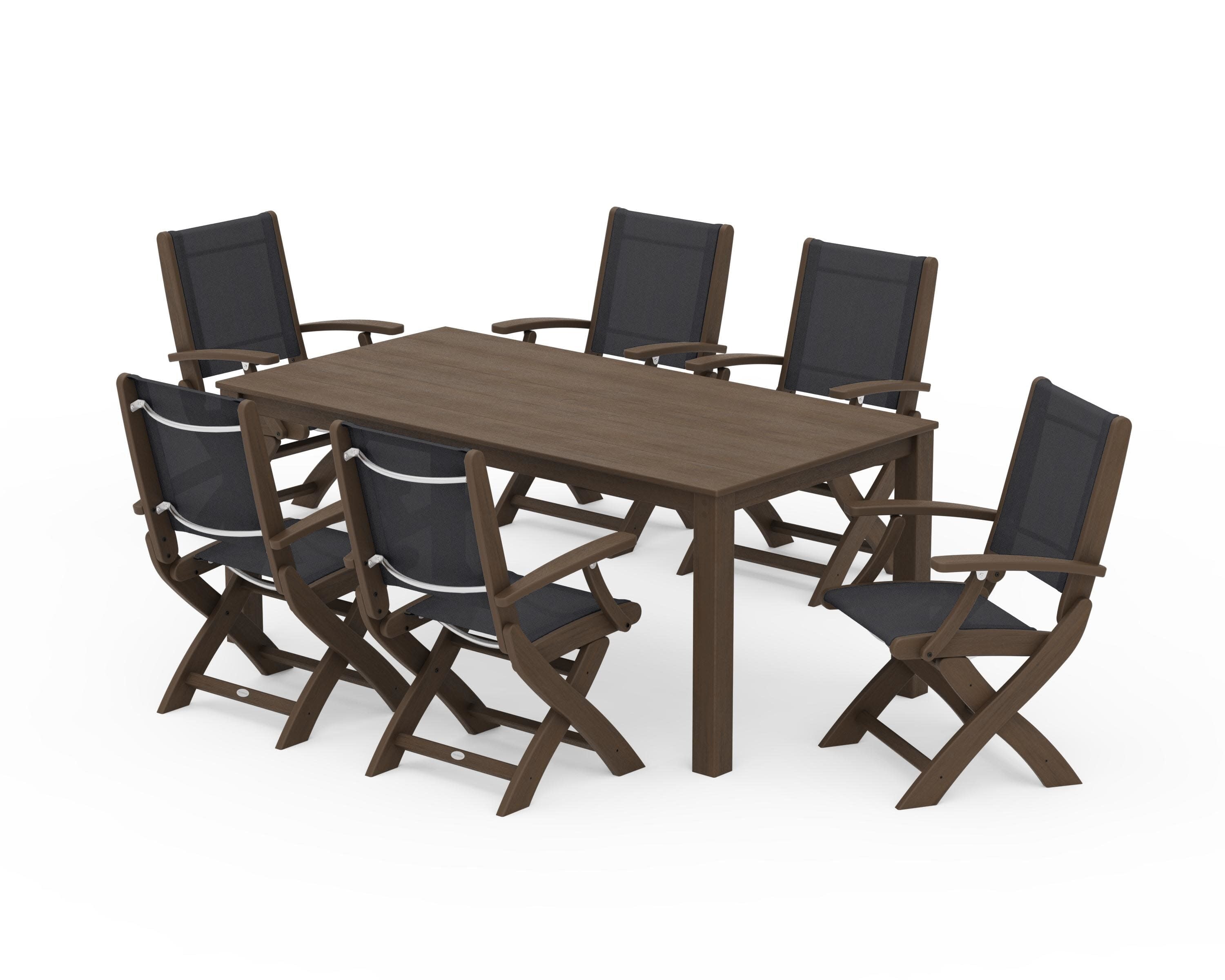 Coastal Folding Chair 7-Piece Parsons Dining Set in Kona / Black Sling