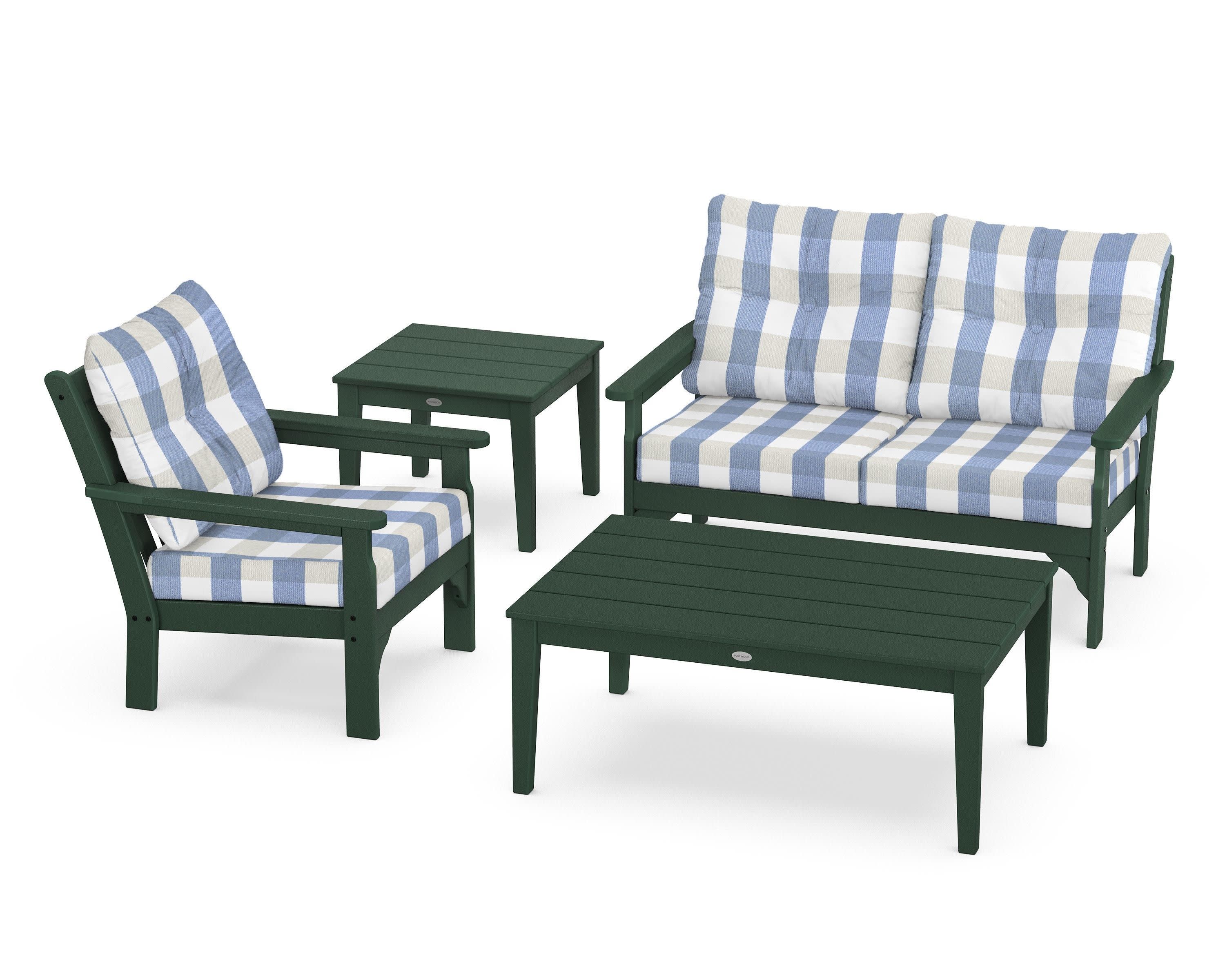 Vineyard 4-Piece Deep Seating Set in Green / Buffalo Plaid Sky Blue