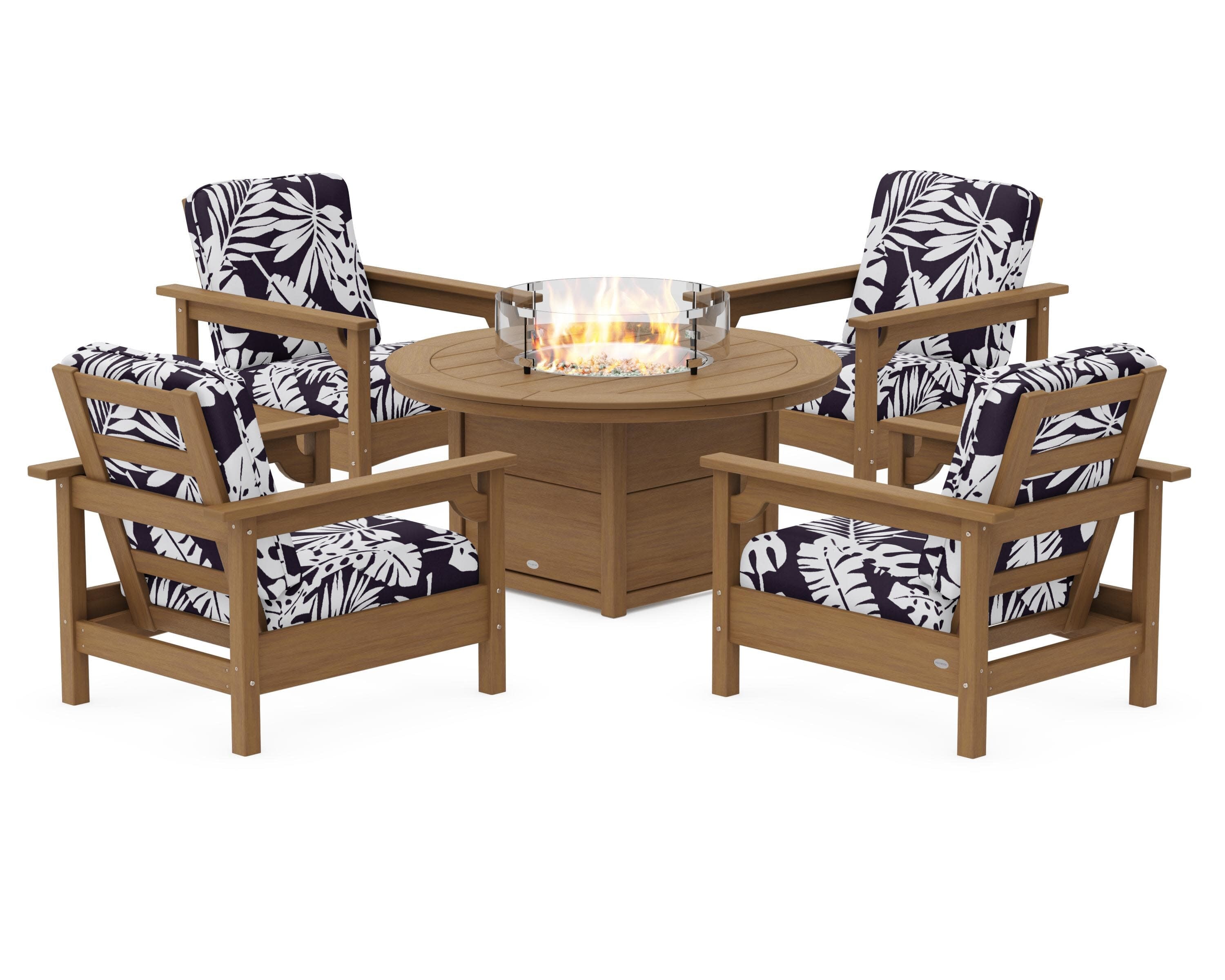 Club 5-Piece Conversation Set with Fire Pit Table in Natural / Leaf Navy