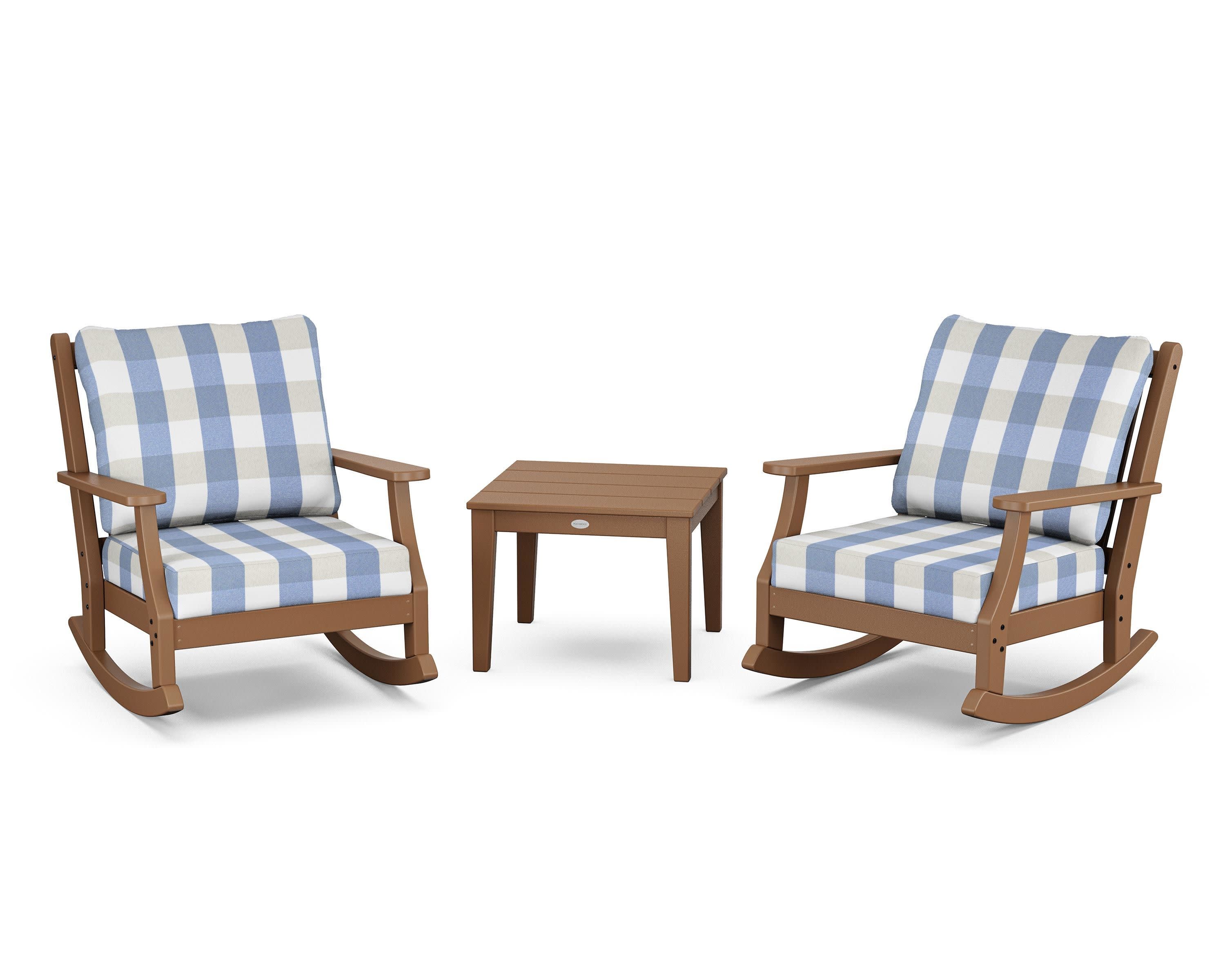 Wovendale 3-Piece Deep Seating Rocker Set in Teak / Buffalo Plaid Sky Blue