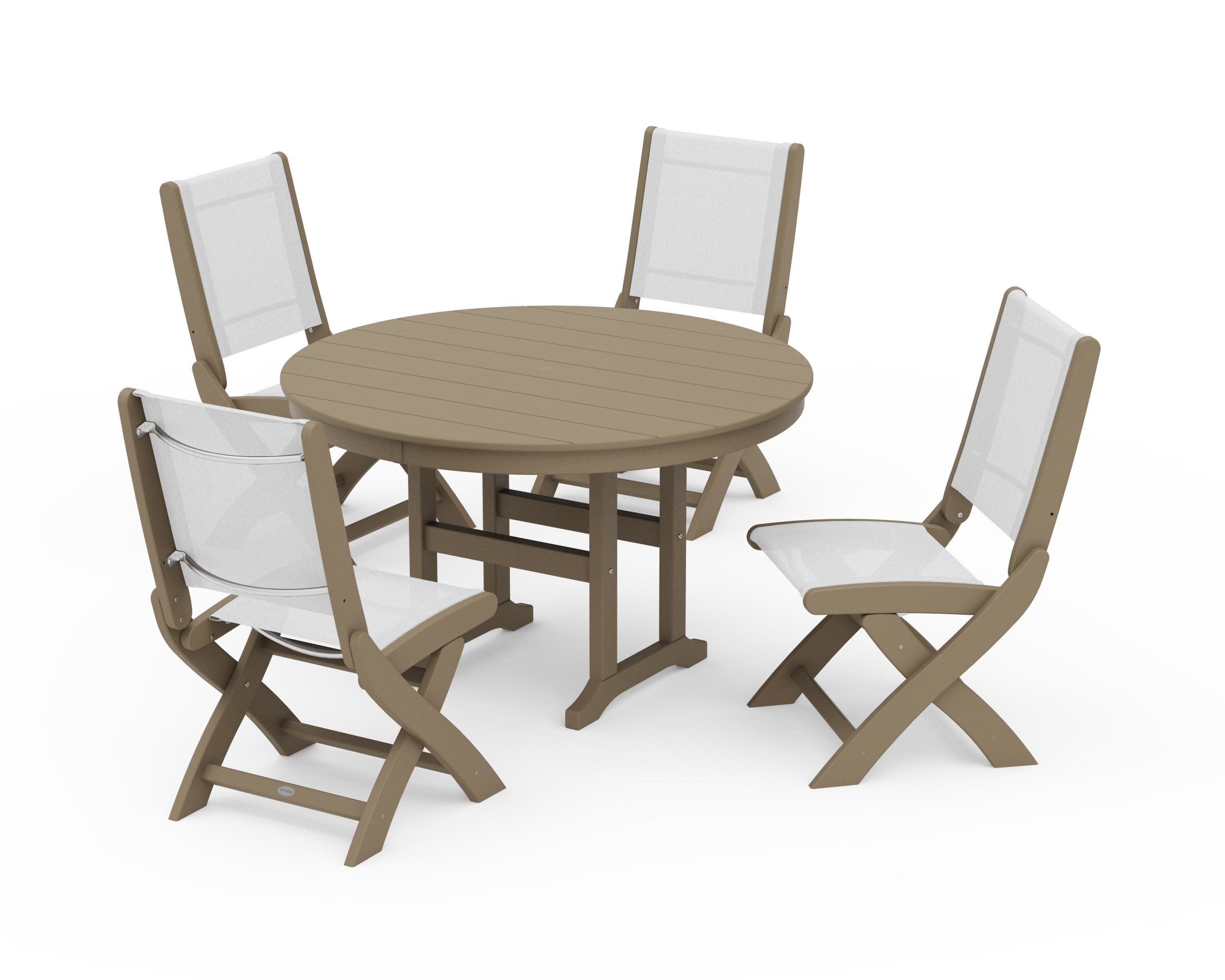 Coastal Folding Side Chair 5-Piece Round Dining Set in Vintage Sahara / White Sling