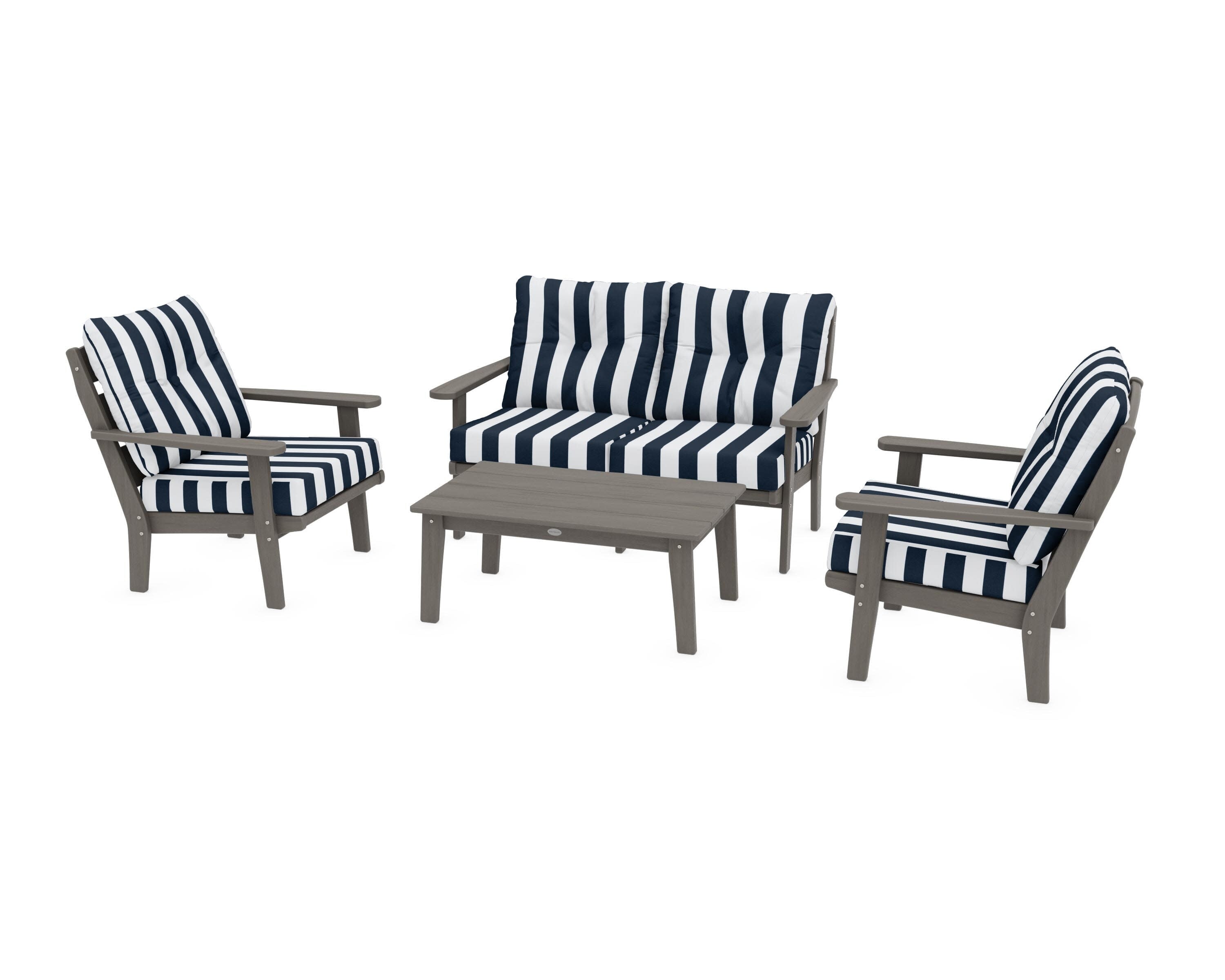 Lakeside 4-Piece Deep Seating Set in Driftwood / Cabana Stripe Marine Indigo