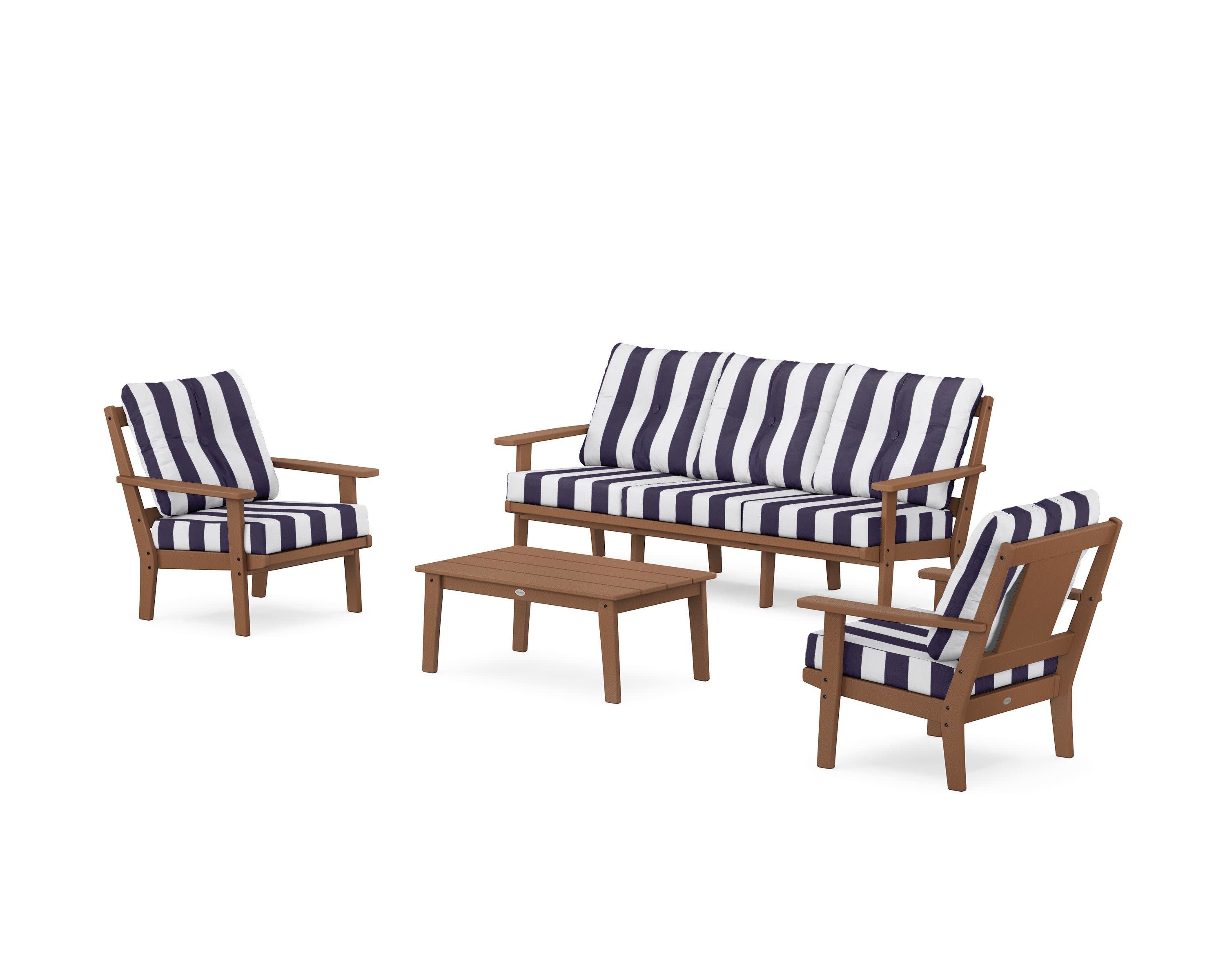 Prairie 4-Piece Deep Seating Set with Sofa in Teak / Cabana Stripe Navy