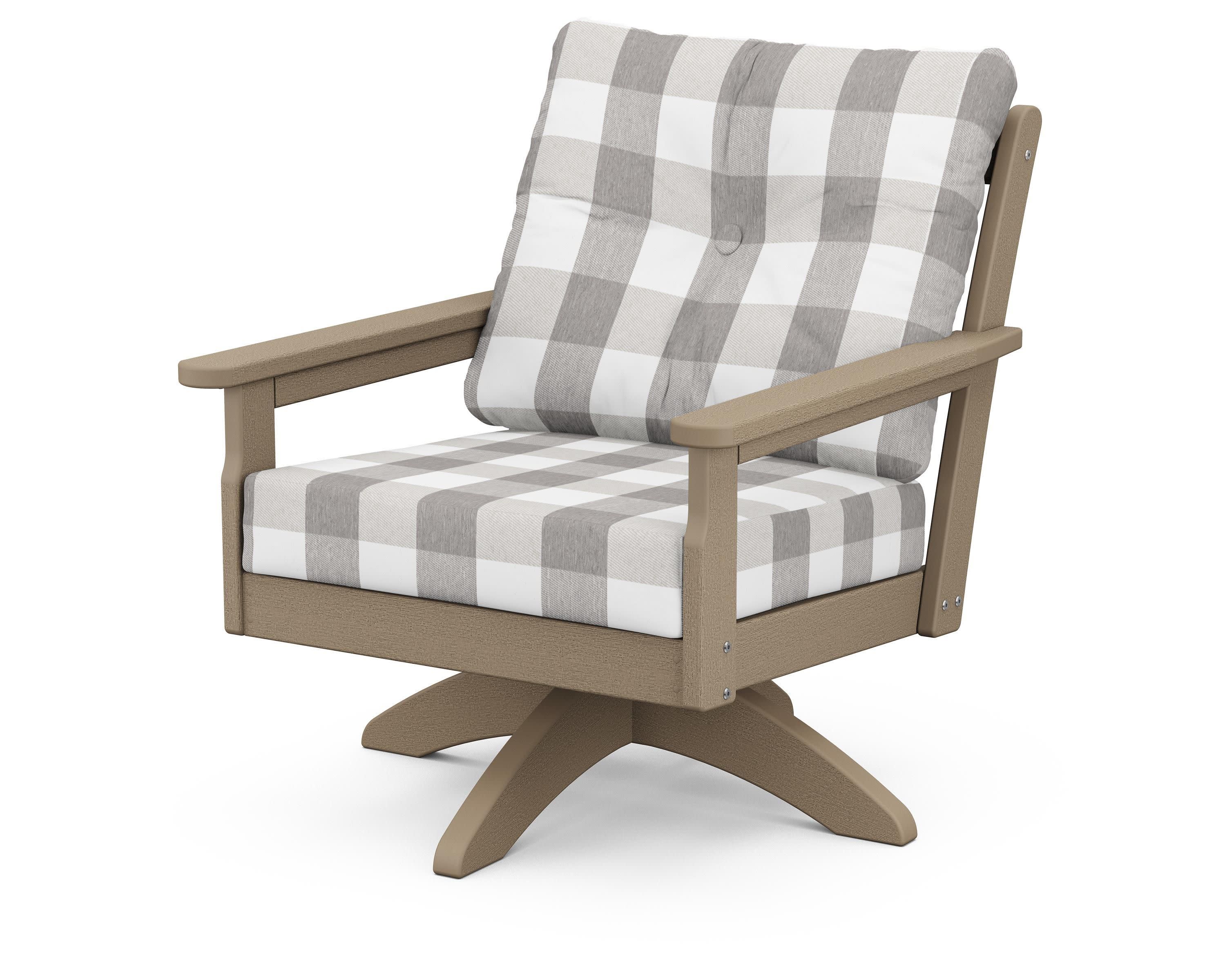 Vineyard Deep Seating Swivel Chair in Vintage Sahara / Buffalo Plaid Grey Mist