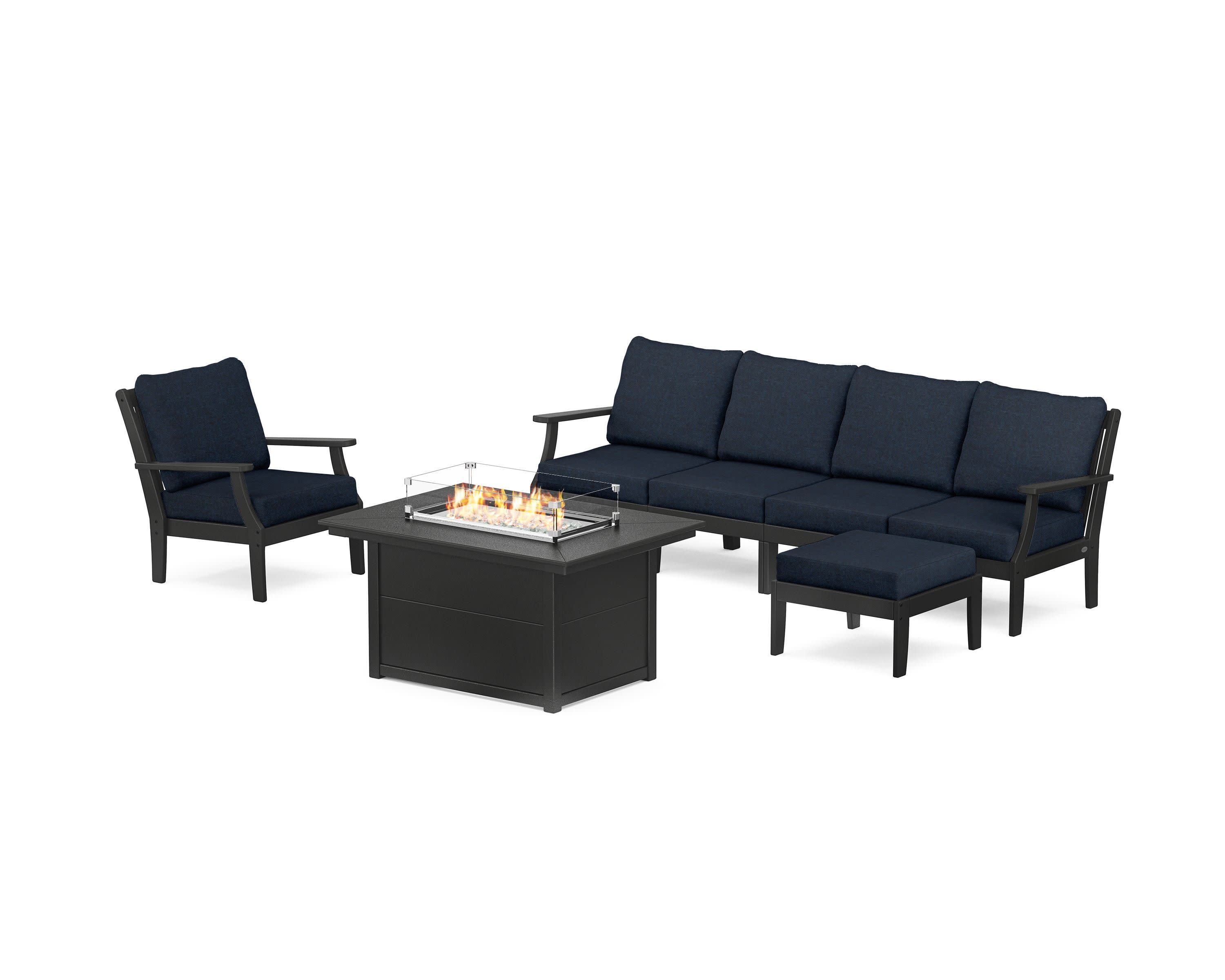 Braxton Sectional Lounge and Fire Pit Set in Black / Marine Indigo