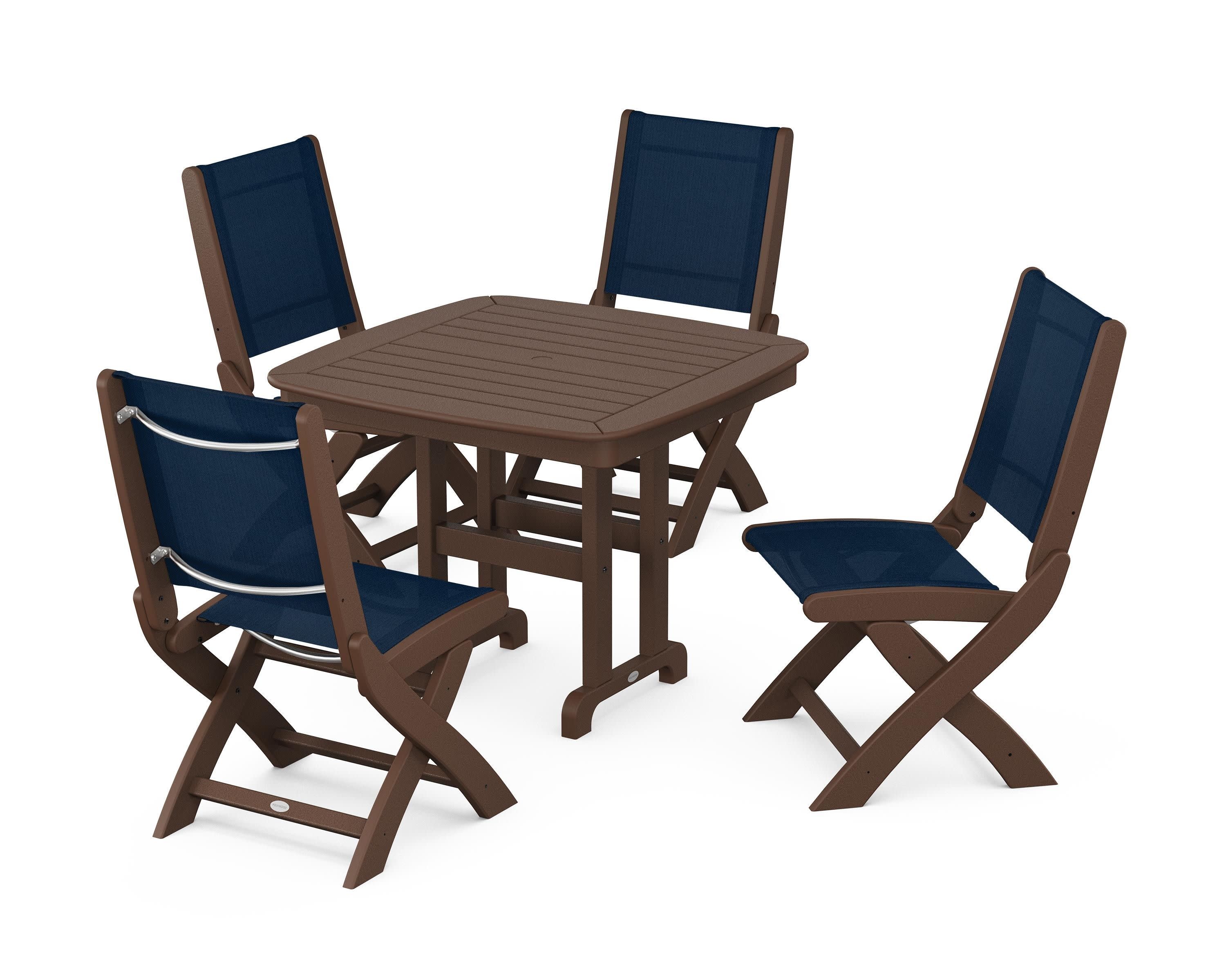 Coastal Folding Side Chair 5-Piece Dining Set in Mahogany / Navy Blue Sling