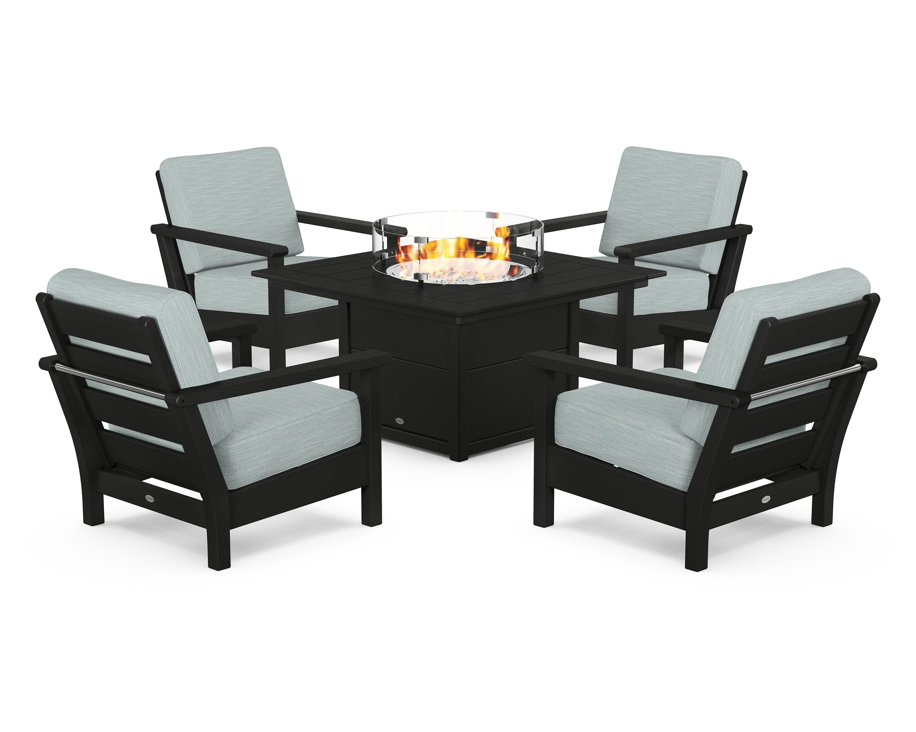 Harbour 5-Piece Conversation Set with Fire Pit Table in Black / Soothe Mist