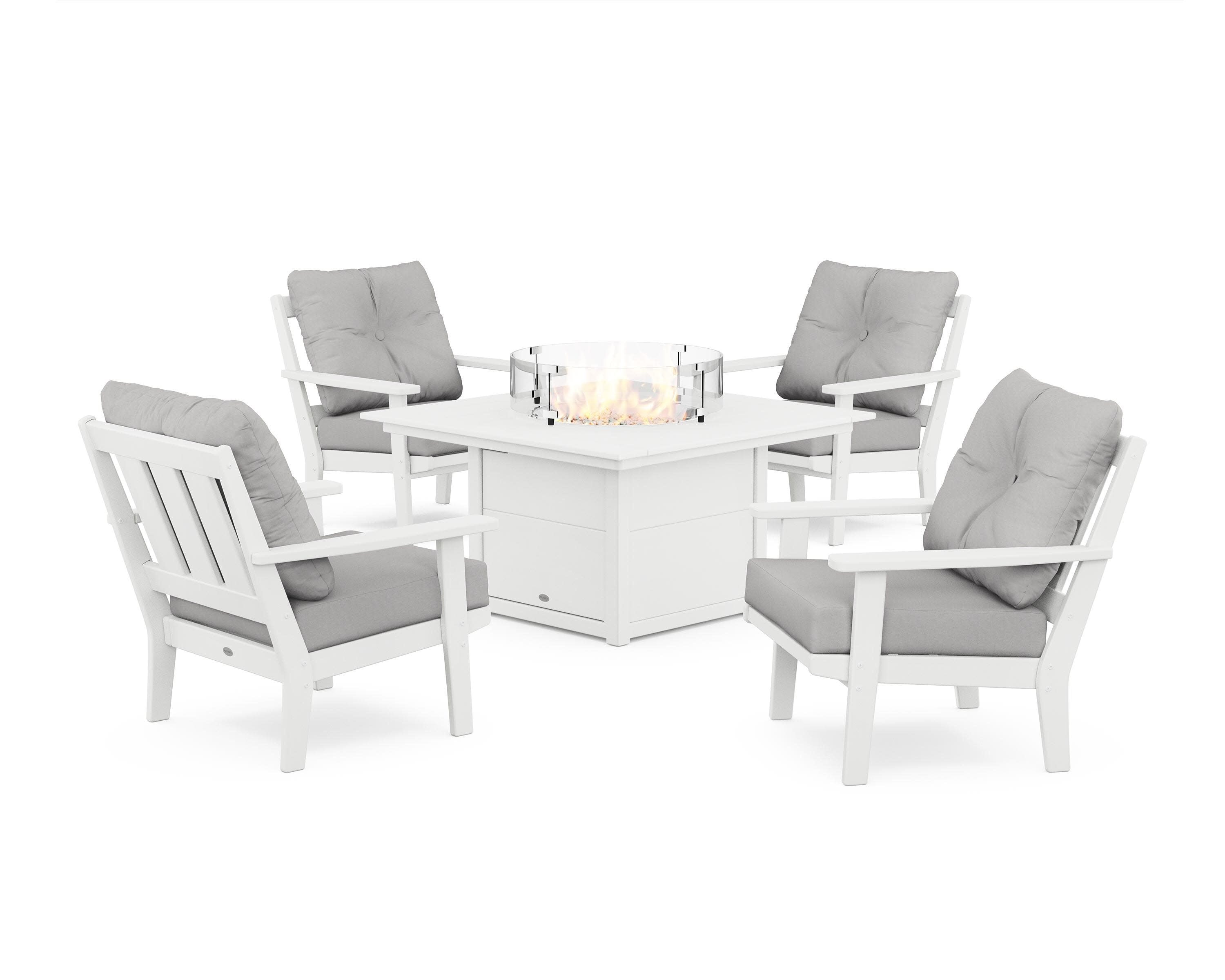 Oxford 5-Piece Deep Seating Set with Fire Pit Table in White / Diamond in the Rough