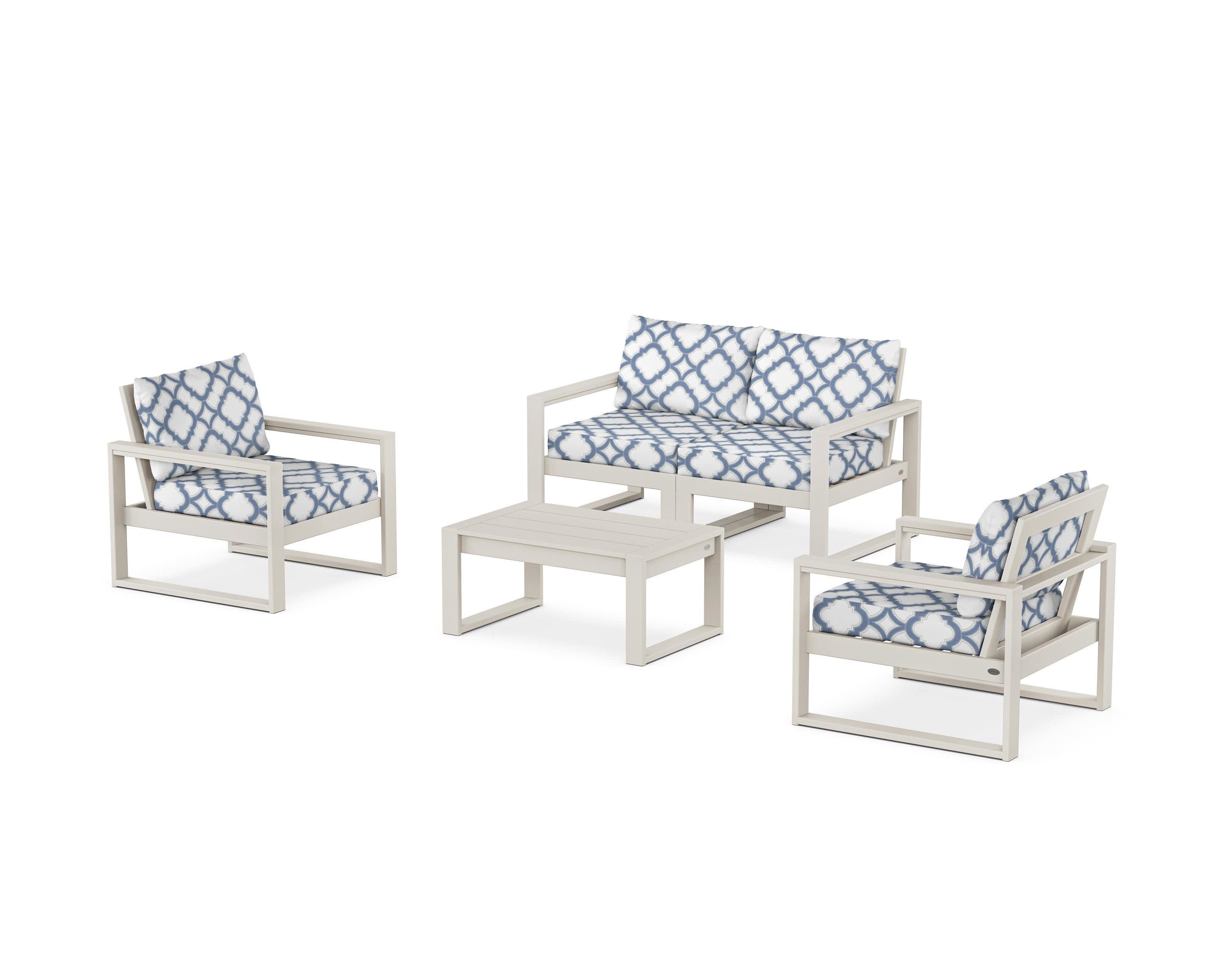 EDGE Sectional 4-Piece Deep Seating Set with Loveseat in Sand / Trellis Sky Blue