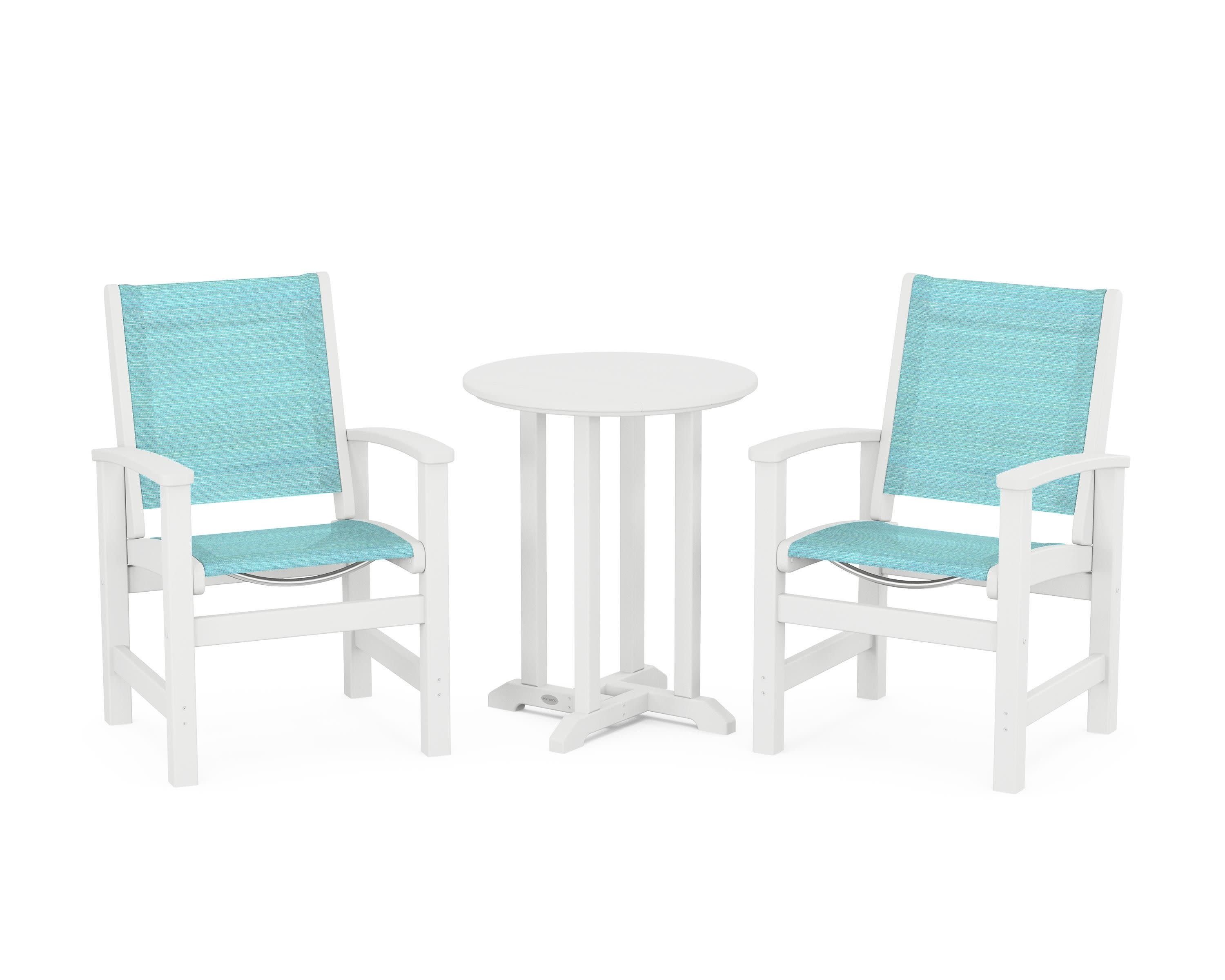 Coastal 3-Piece Round Bistro Dining Set in White / Dupioni Aquamarine Sling
