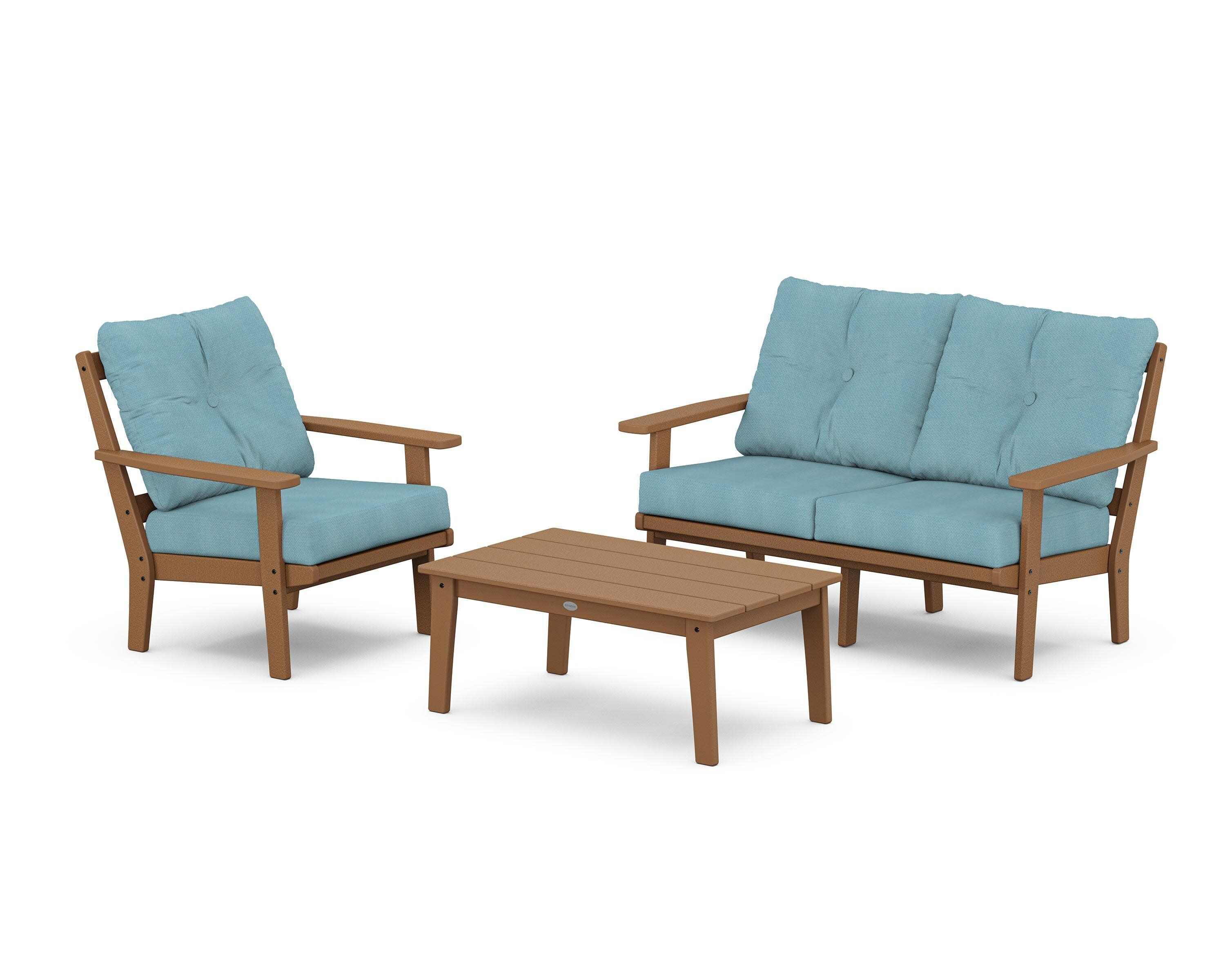 Oxford 3-Piece Deep Seating Set with Loveseat in Teak / Lattice Sky Blue