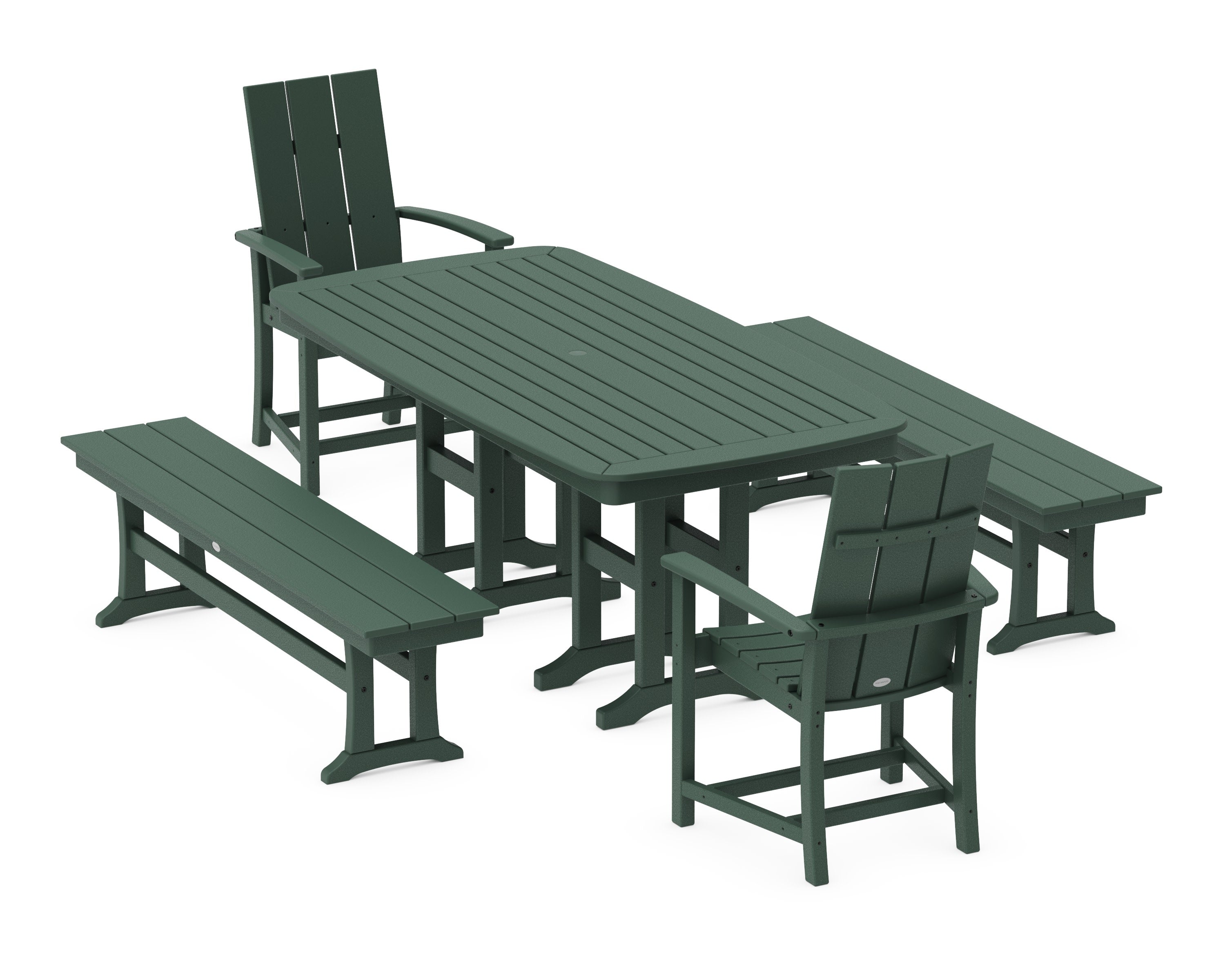 Modern Adirondack 5-Piece Farmhouse Dining Set with Benches in Green