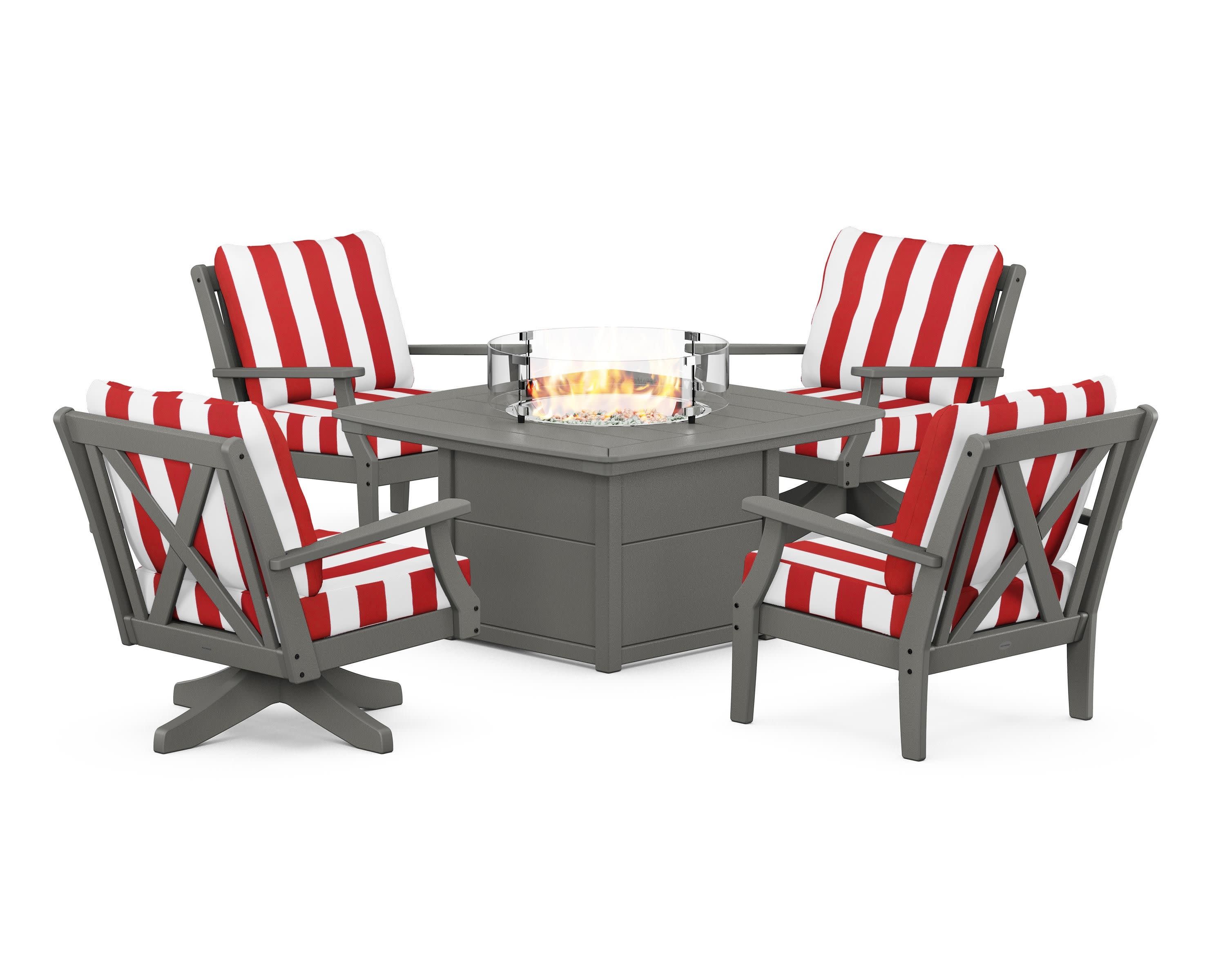 Braxton 5-Piece Deep Seating Set with Fire Table in Slate Grey / Cabana Stripe Crimson