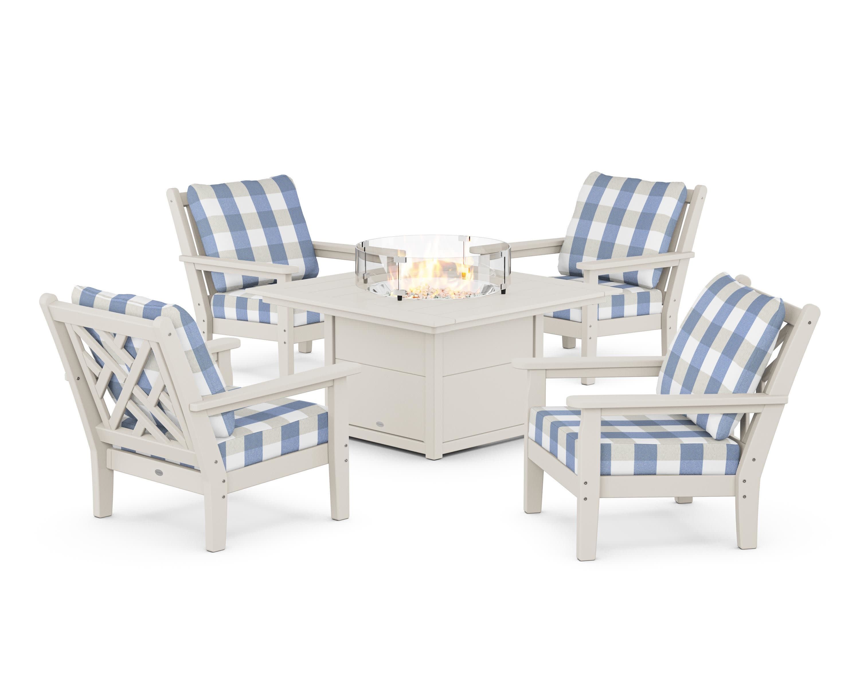 Chippendale 5-Piece Deep Seating Set with Fire Pit Table in Sand / Buffalo Plaid Sky Blue