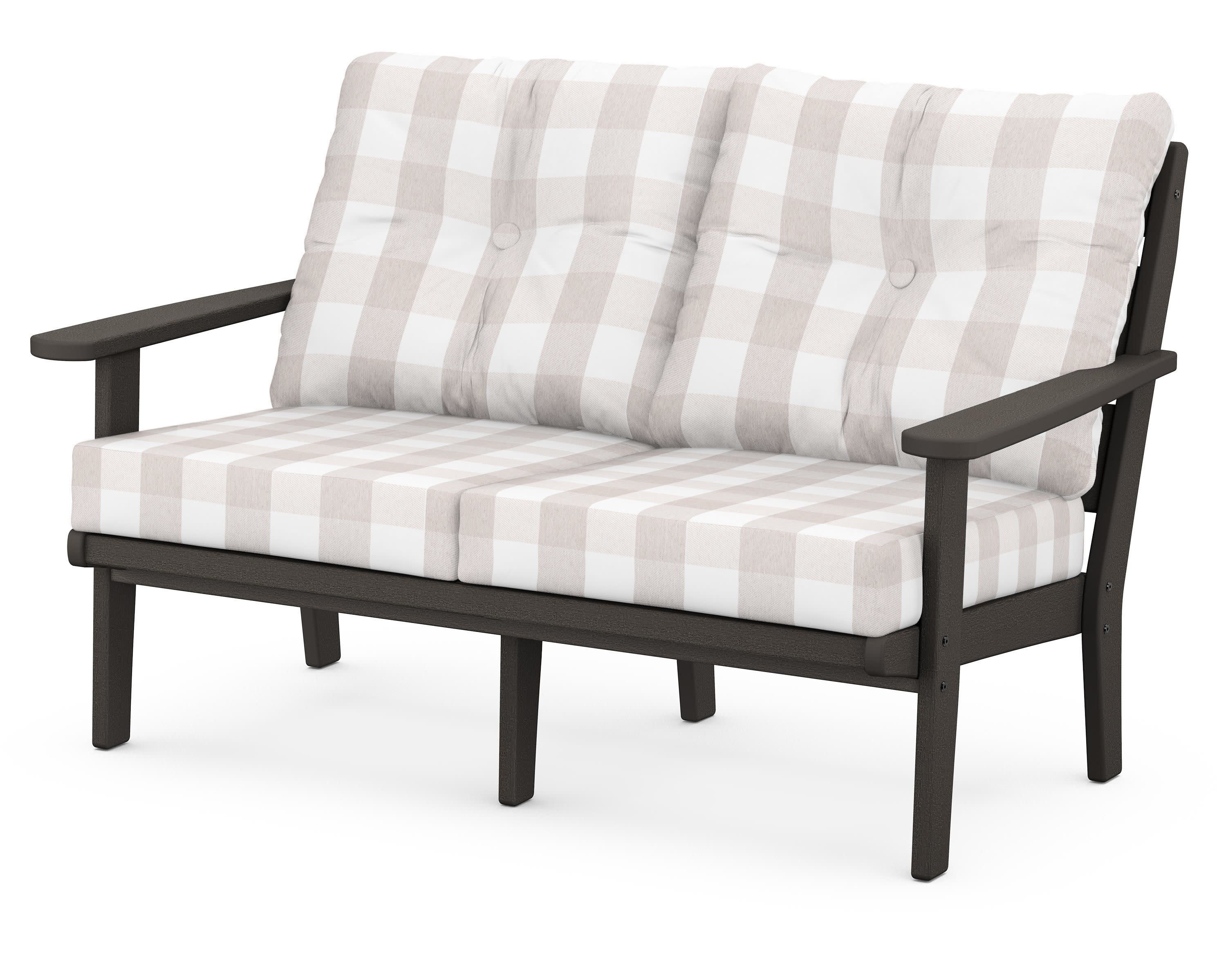 Lakeside Deep Seating Loveseat in Vintage Coffee / Buffalo Plaid Dune Burlap