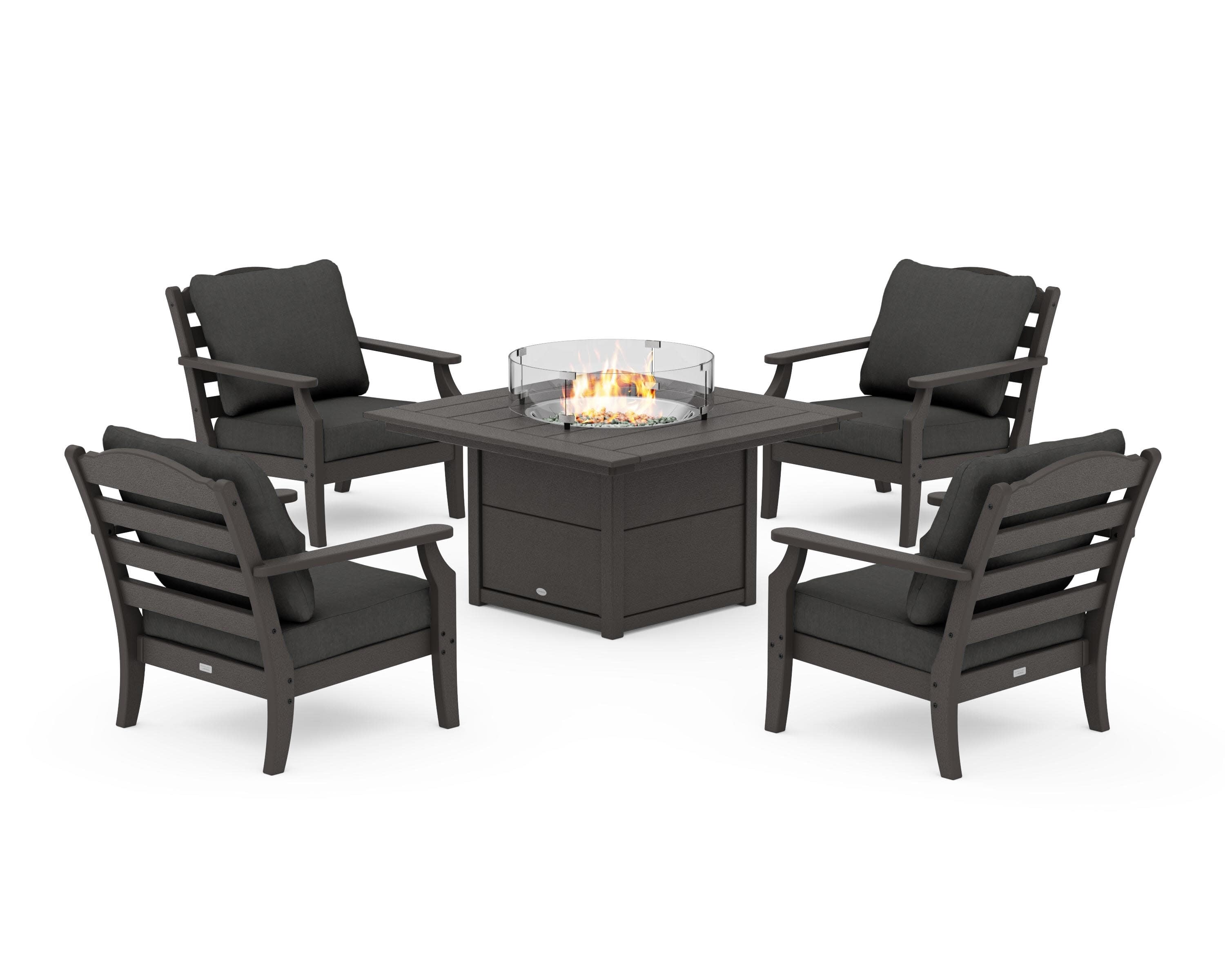 Savannah 5-Piece Deep Seating Set with Fire Pit Table in Vintage Coffee / Spectrum Carbon