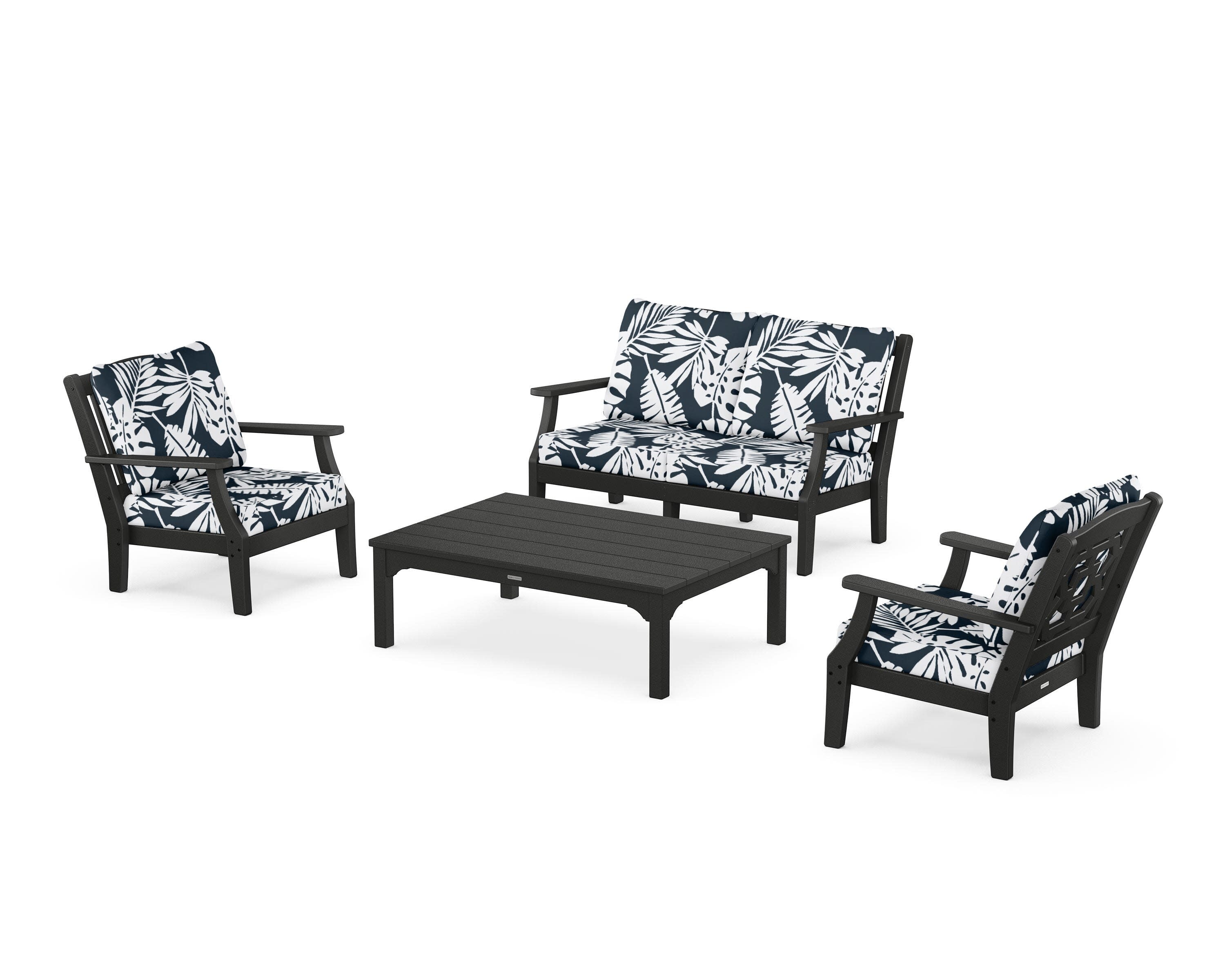 Chinoiserie 4-Piece Deep Seating Set with Loveseat in Black / Leaf Marine Indigo