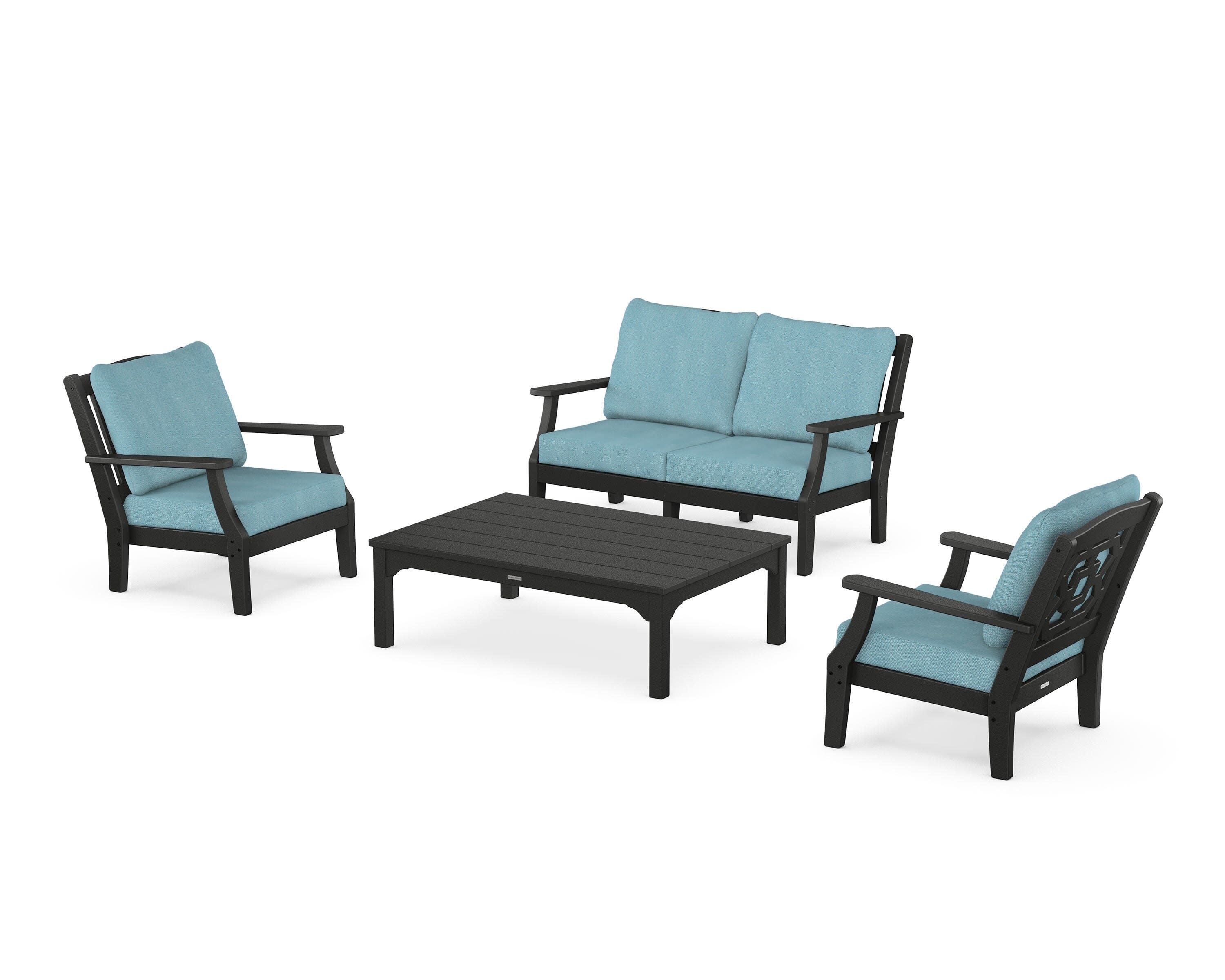 Chinoiserie 4-Piece Deep Seating Set with Loveseat in Black / Lattice Sky Blue