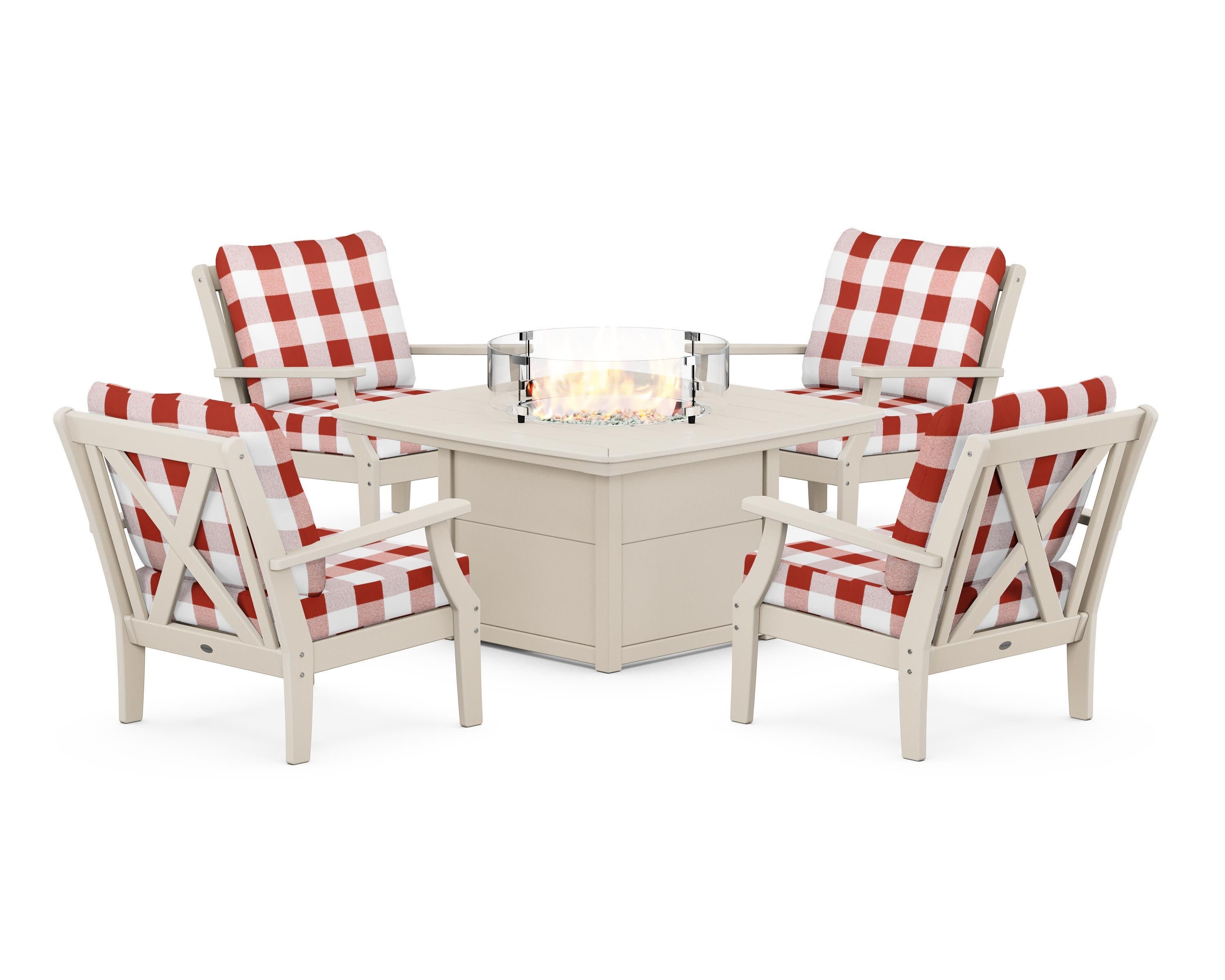Braxton 5-Piece Deep Seating Conversation Set with Fire Pit Table in Sand / Buffalo Plaid Crimson