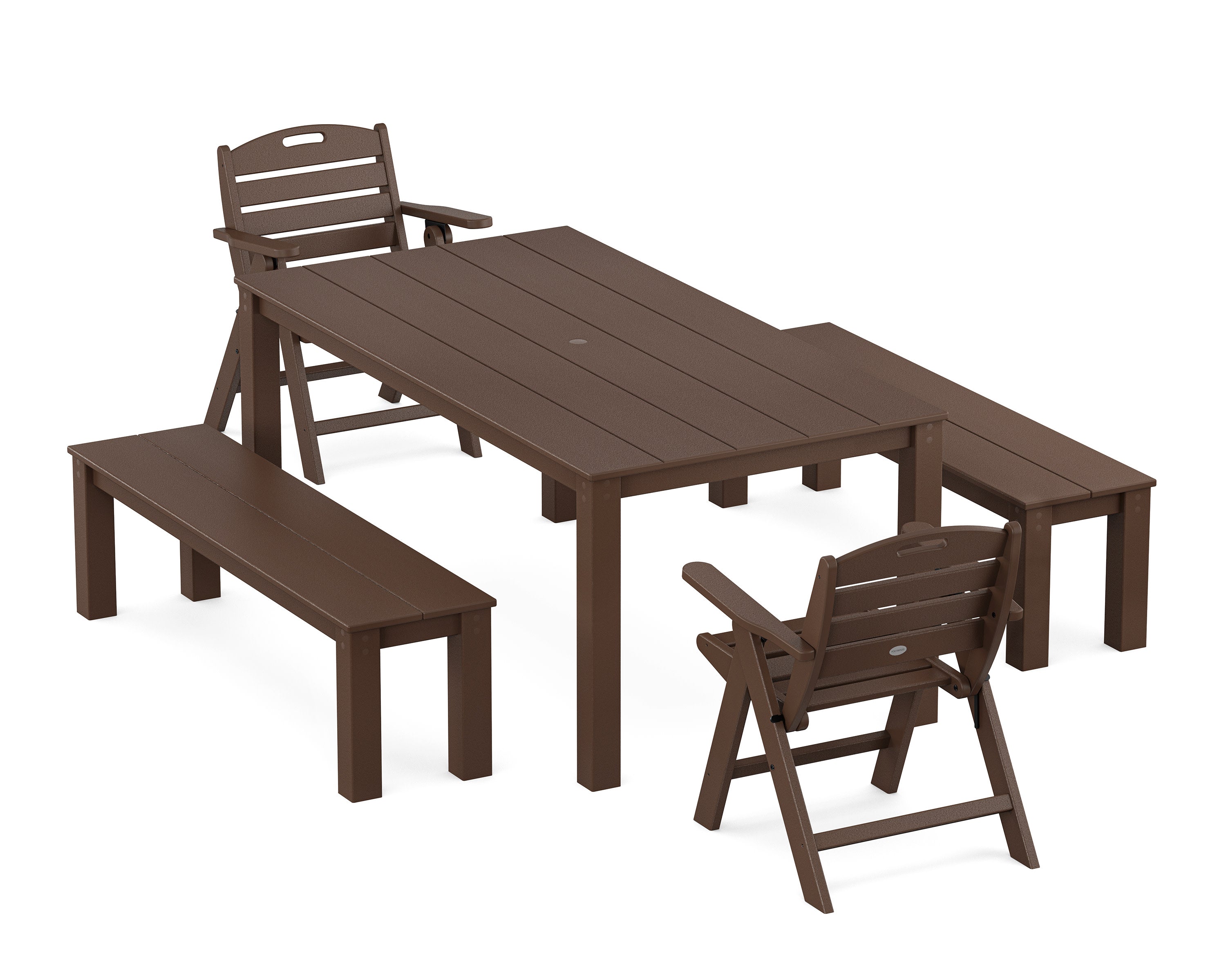 Nautical Folding Lowback Chair 5-Piece Parsons Dining Set with Benches in Mahogany