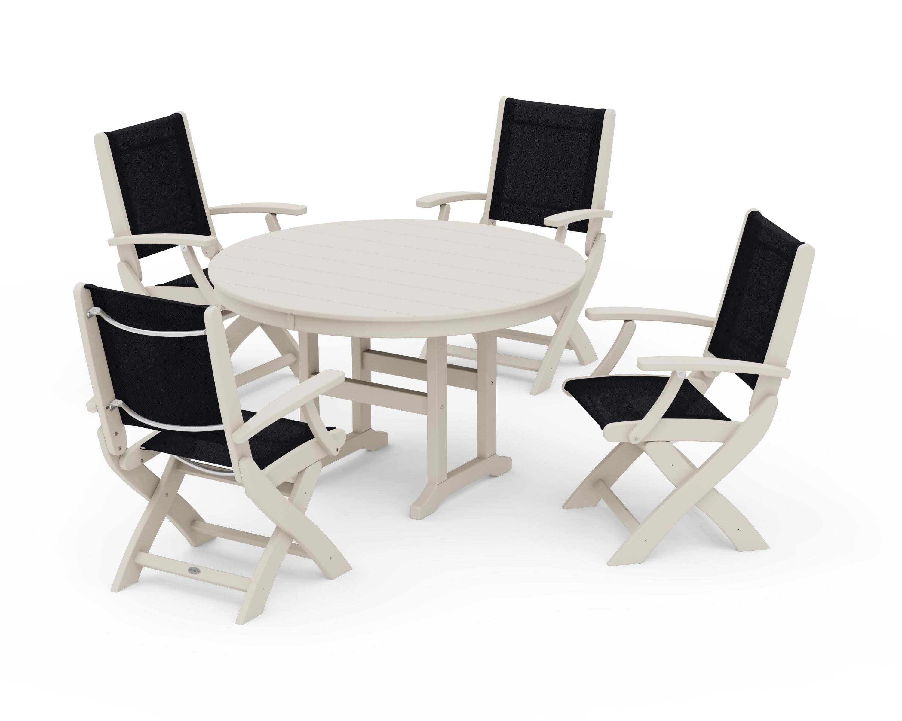 Coastal Folding Chair 5-Piece Round Dining Set in Sand / Black Sling