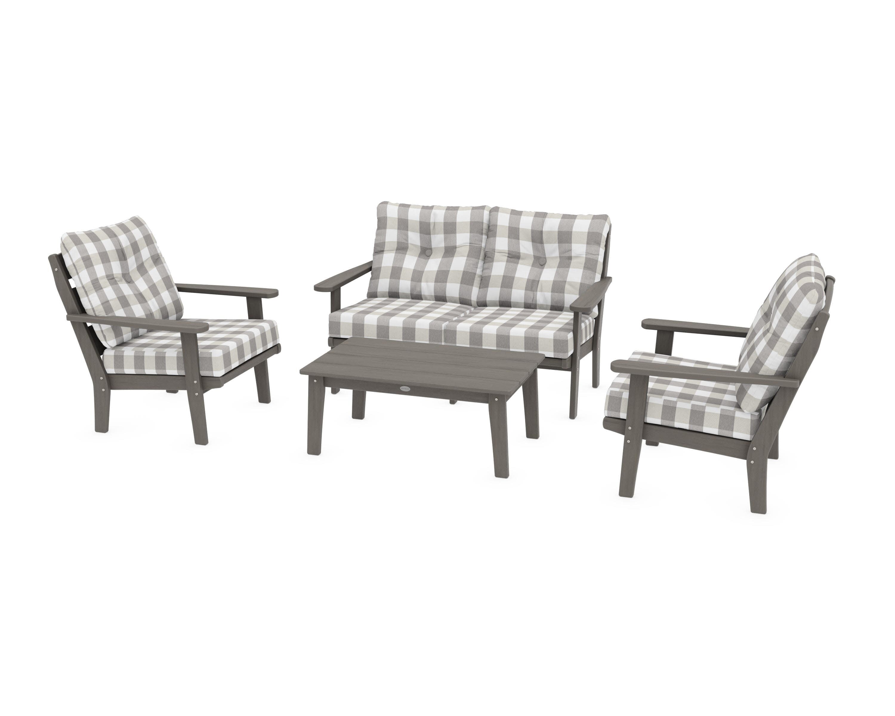 Lakeside 4-Piece Deep Seating Set in Driftwood / Buffalo Plaid Grey Mist