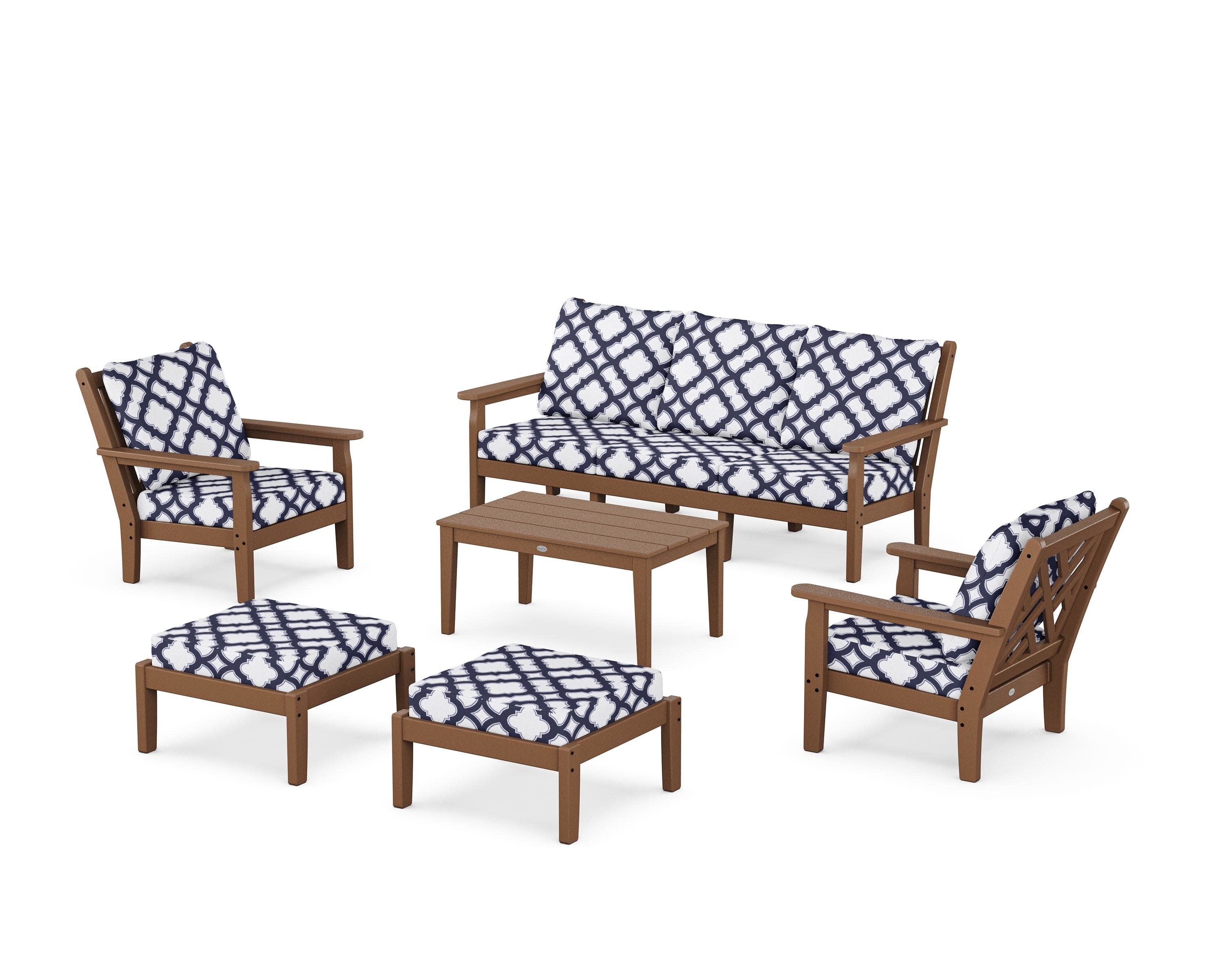 Chippendale 6-Piece Lounge Sofa Set in Teak / Trellis Navy