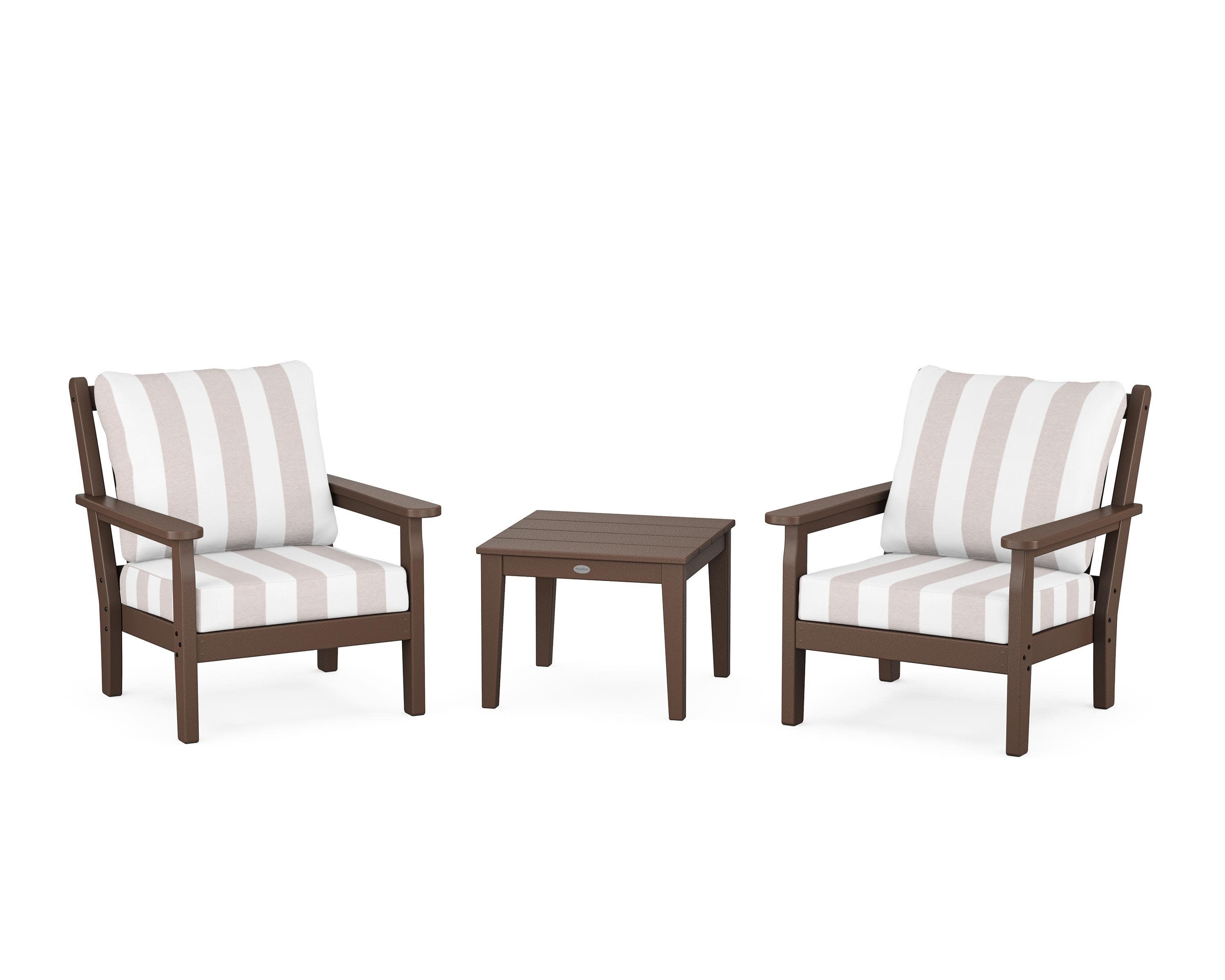 Chippendale 3-Piece Deep Seating Set in Mahogany / Cabana Stripe Dune Burlap