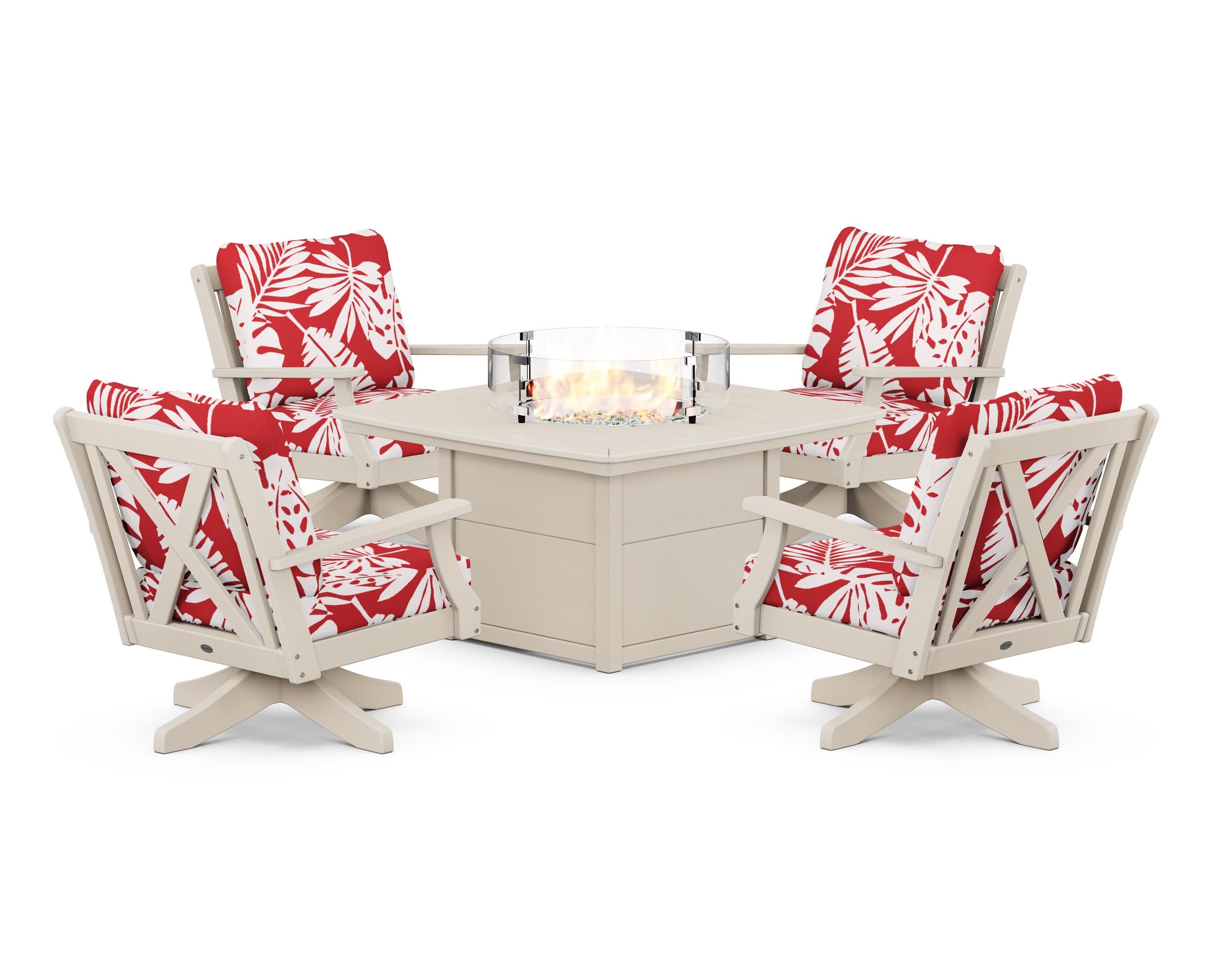 Braxton 5-Piece Deep Seating Swivel Conversation Set with Fire Pit Table in Sand / Leaf Crimson