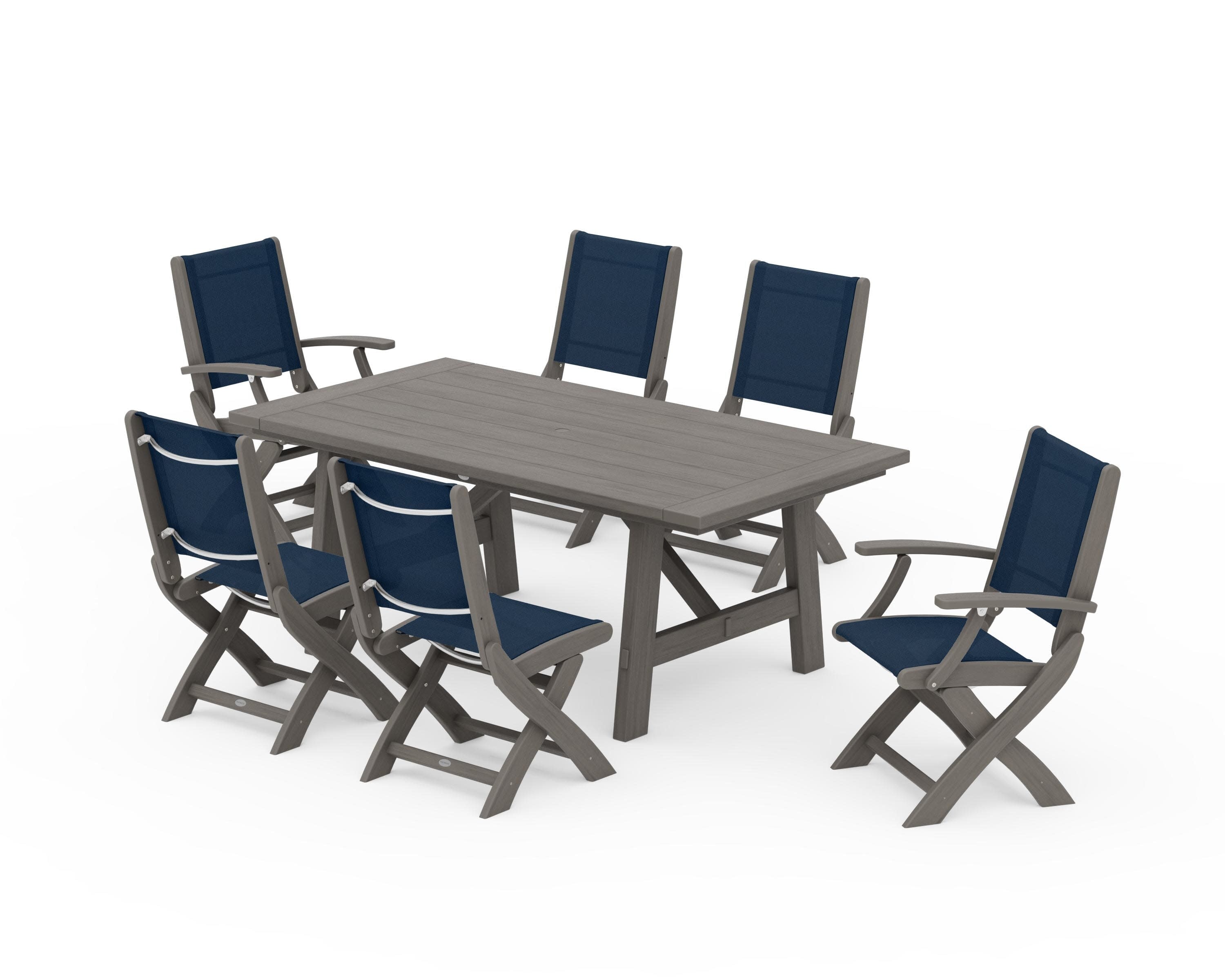 Coastal Folding Chair 7-Piece Rustic Farmhouse Dining Set in Driftwood / Navy Blue Sling