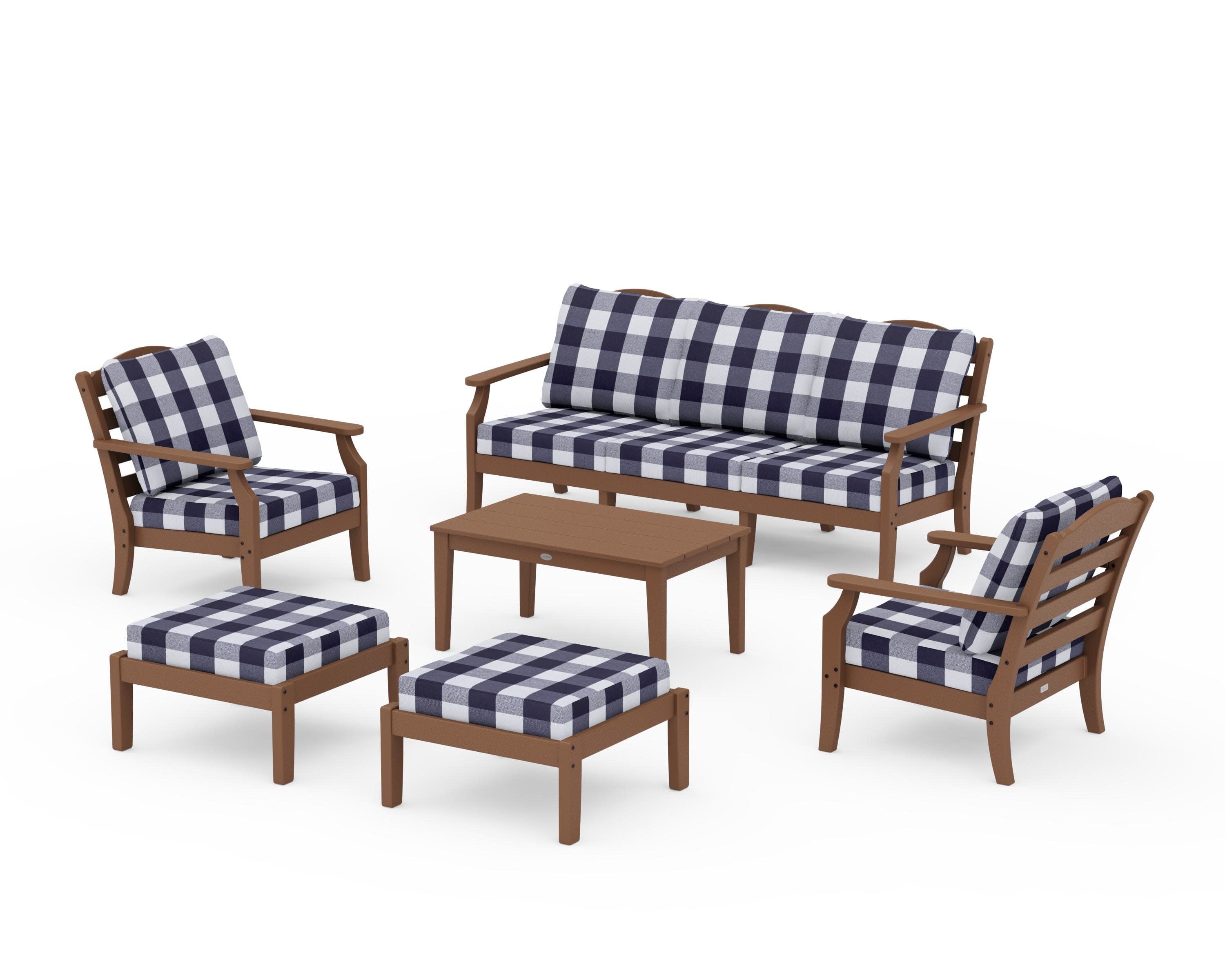 Savannah 6-Piece Lounge Sofa Set in Teak / Buffalo Plaid Navy