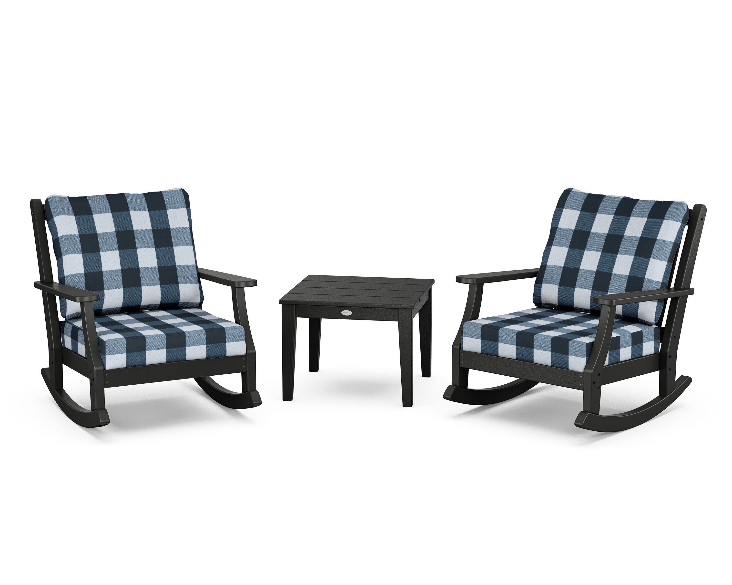 Wovendale 3-Piece Deep Seating Rocker Set in Black / Buffalo Plaid Marine Indigo
