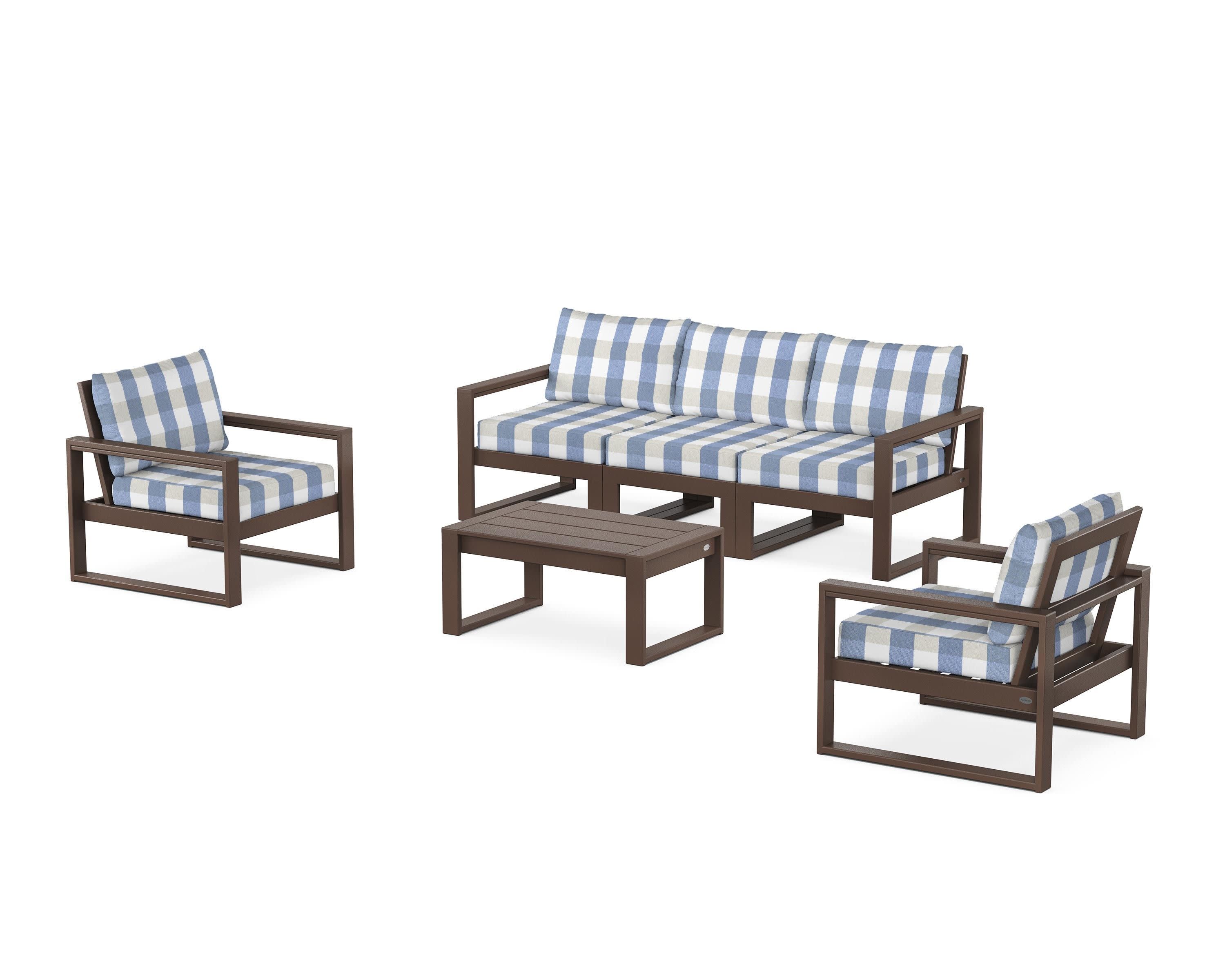 EDGE Sectional 4-Piece Deep Seating Set with Sofa in Mahogany / Buffalo Plaid Sky Blue