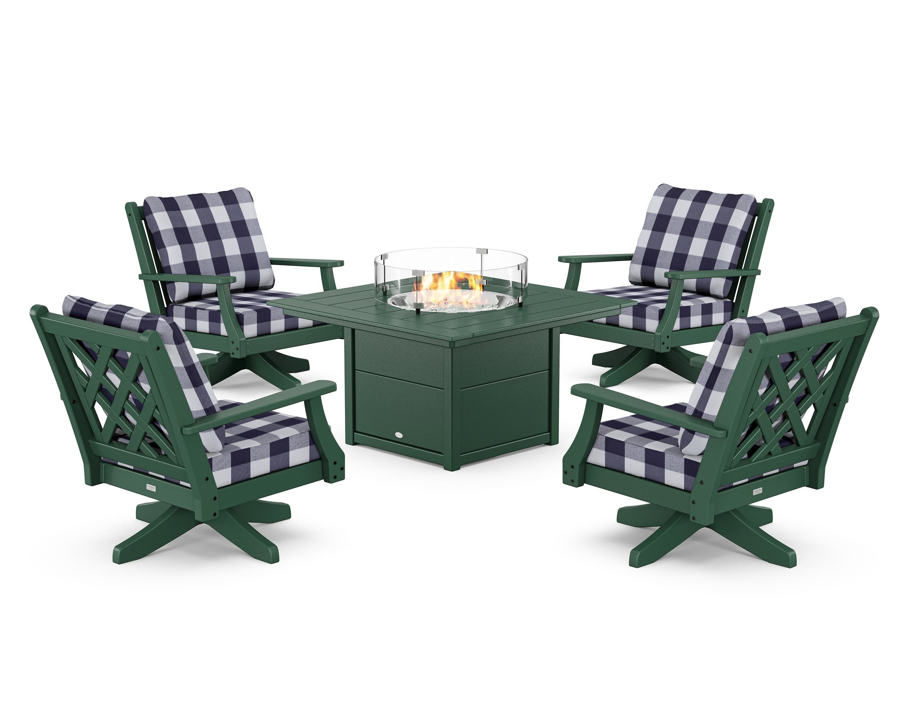 Wovendale 5-Piece Deep Seating Swivel Conversation Set with Fire Pit Table in Green / Buffalo Plaid Navy