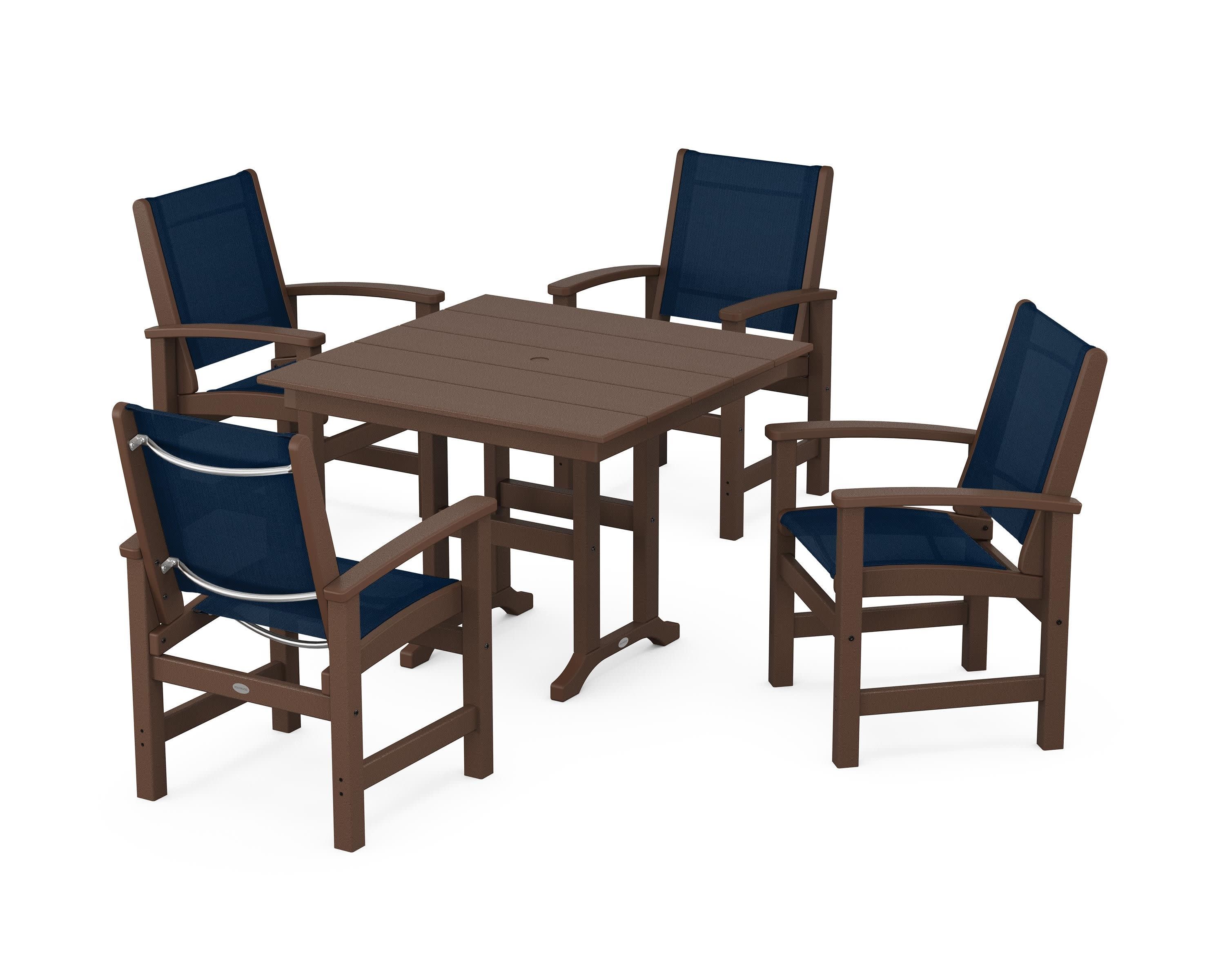 Coastal 5-Piece Farmhouse Dining Set in Mahogany / Navy Blue Sling