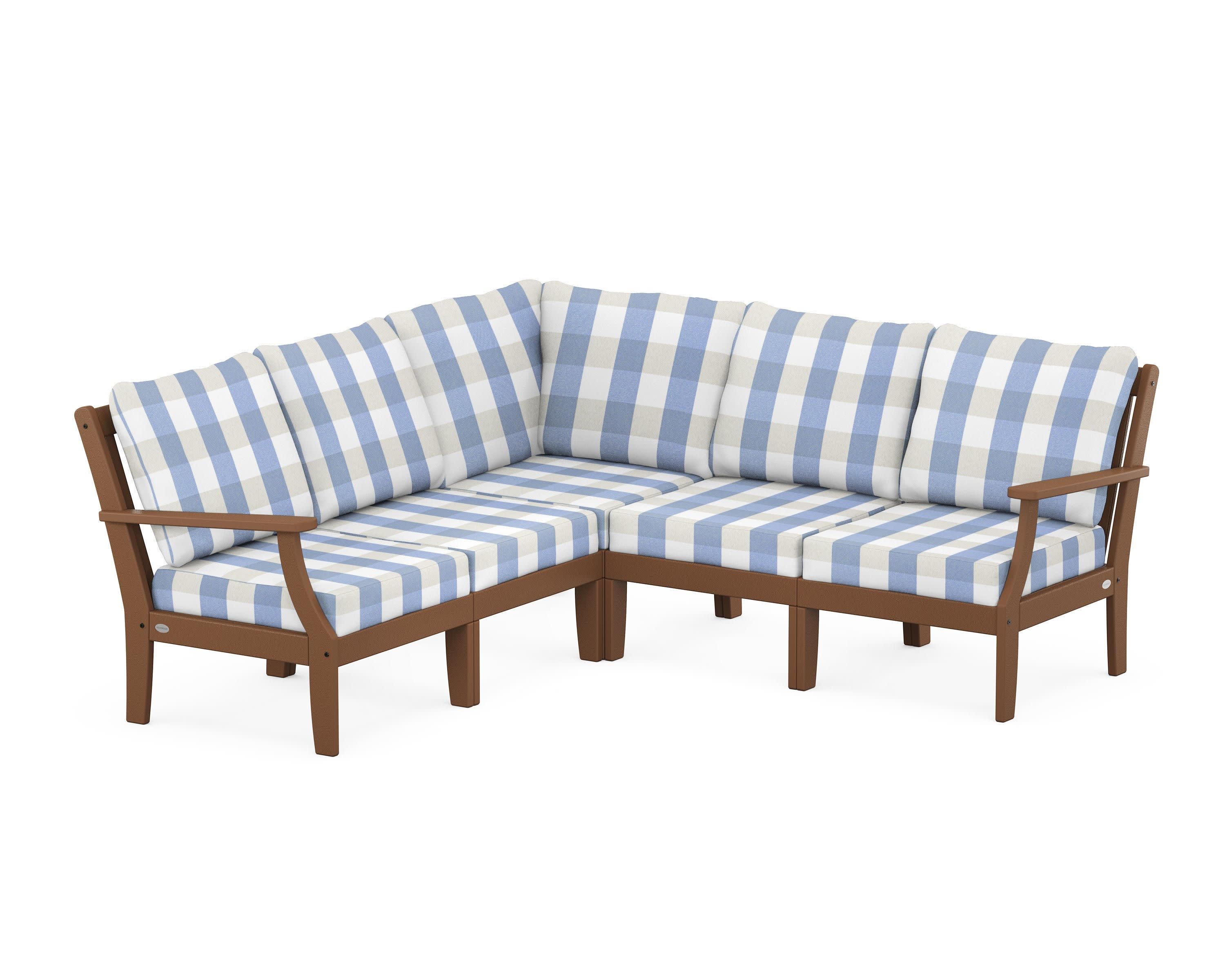 Braxton Modular 5-Piece Deep Seating Set in Teak / Buffalo Plaid Sky Blue