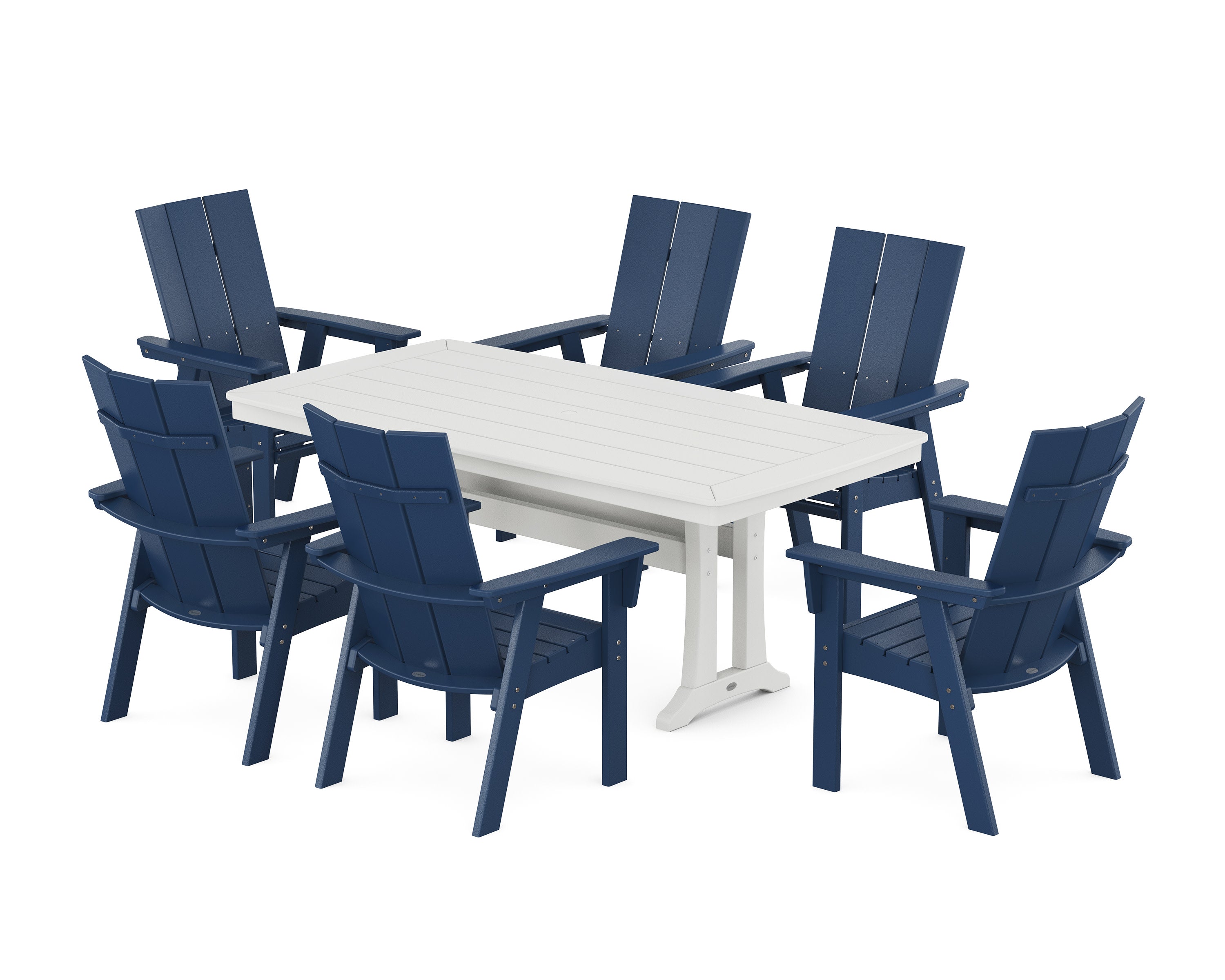 Modern Curveback Adirondack 7-Piece Dining Set with Trestle Legs in Navy / White