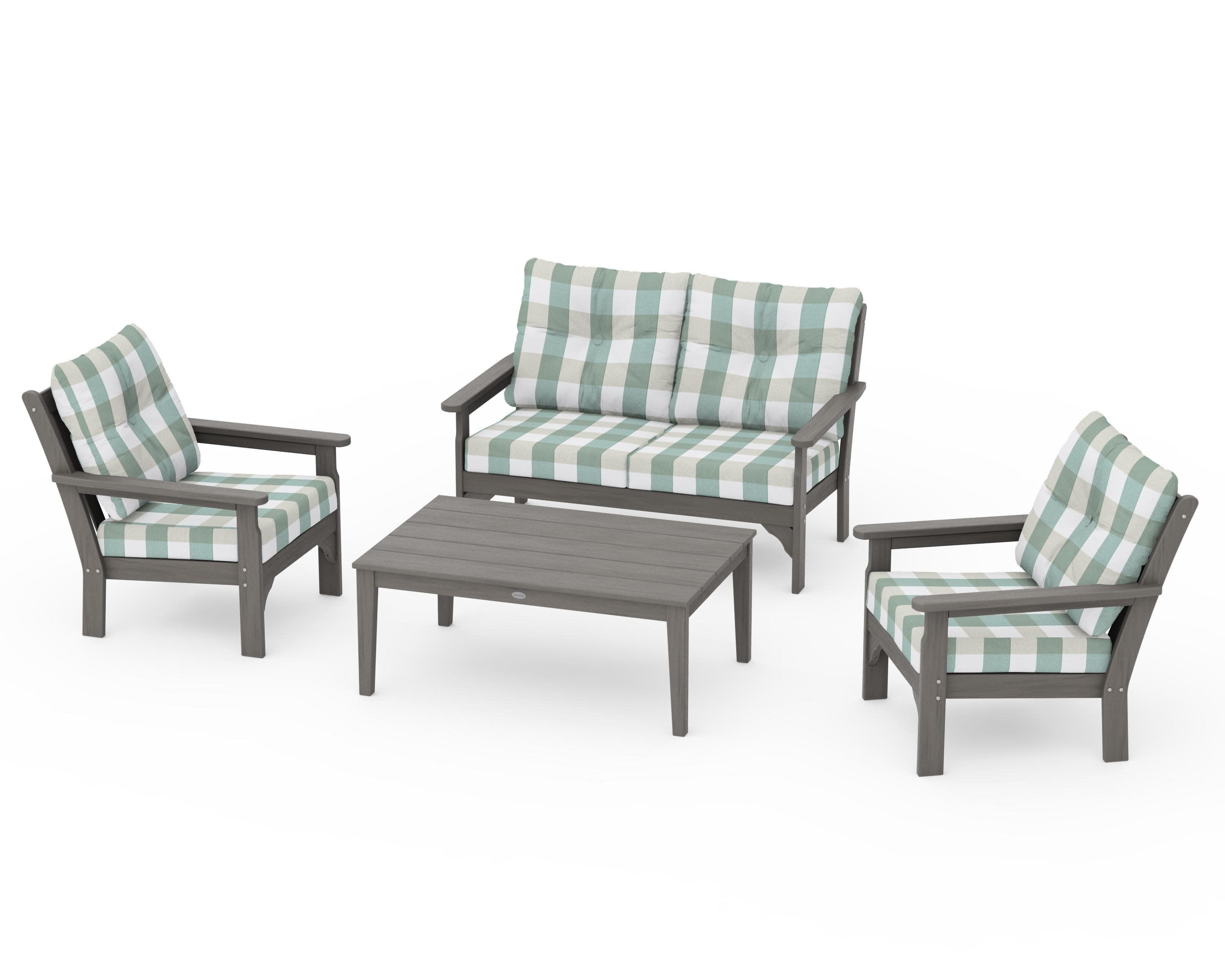Vineyard 4-Piece Deep Seating Set in Driftwood / Buffalo Plaid Glacier Spa