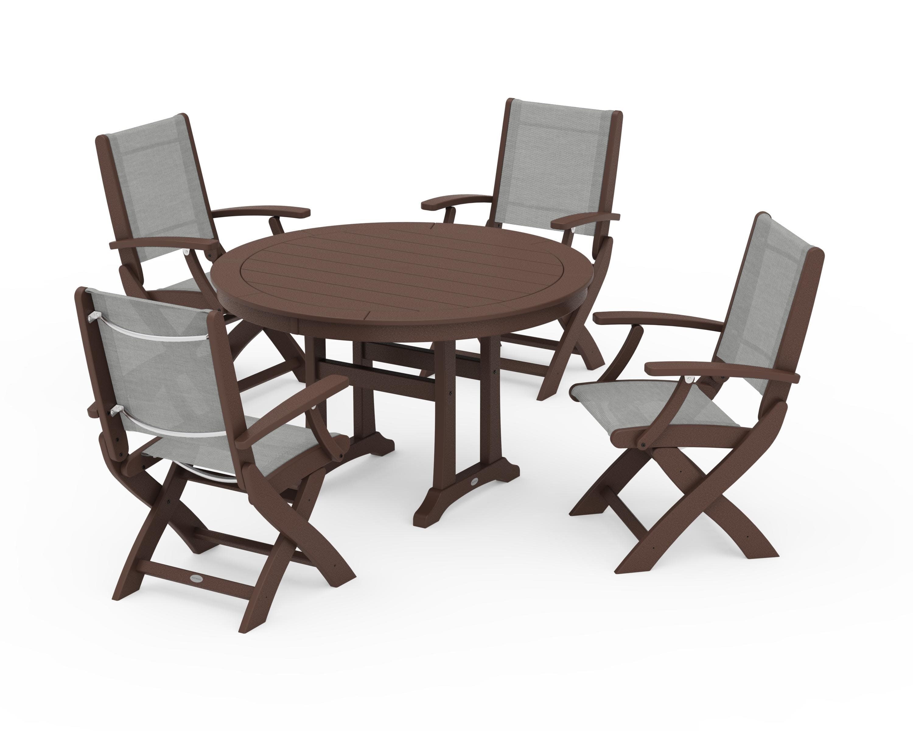 Coastal Folding Chair 5-Piece Round Dining Set with Trestle Legs in Mahogany / Metallic Sling