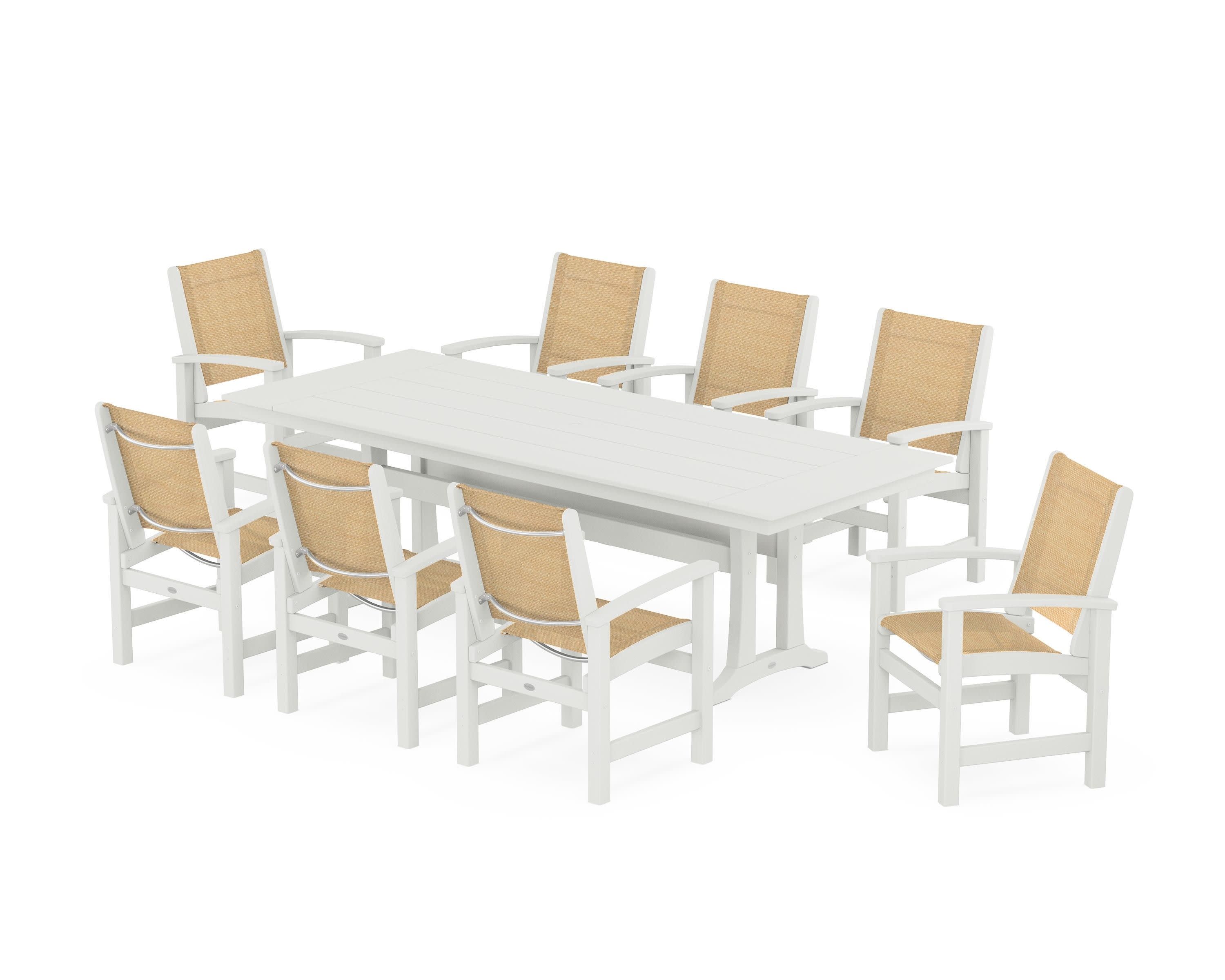 Coastal 9-Piece Farmhouse Dining Set with Trestle Legs in Vintage White / Dupioni Apricot Sling
