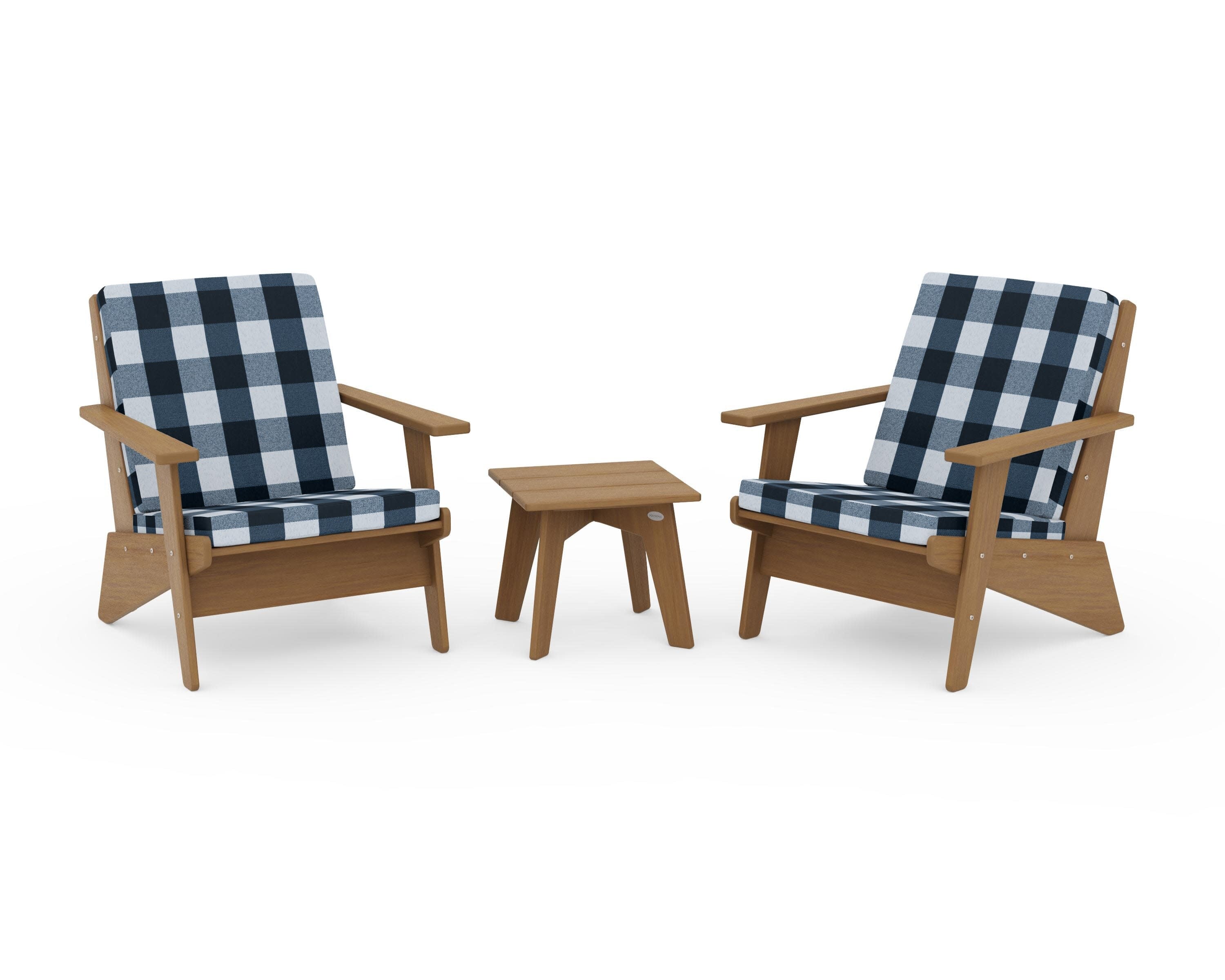 Riviera Modern Lounge 3-Piece Set in Natural / Buffalo Plaid Marine Indigo