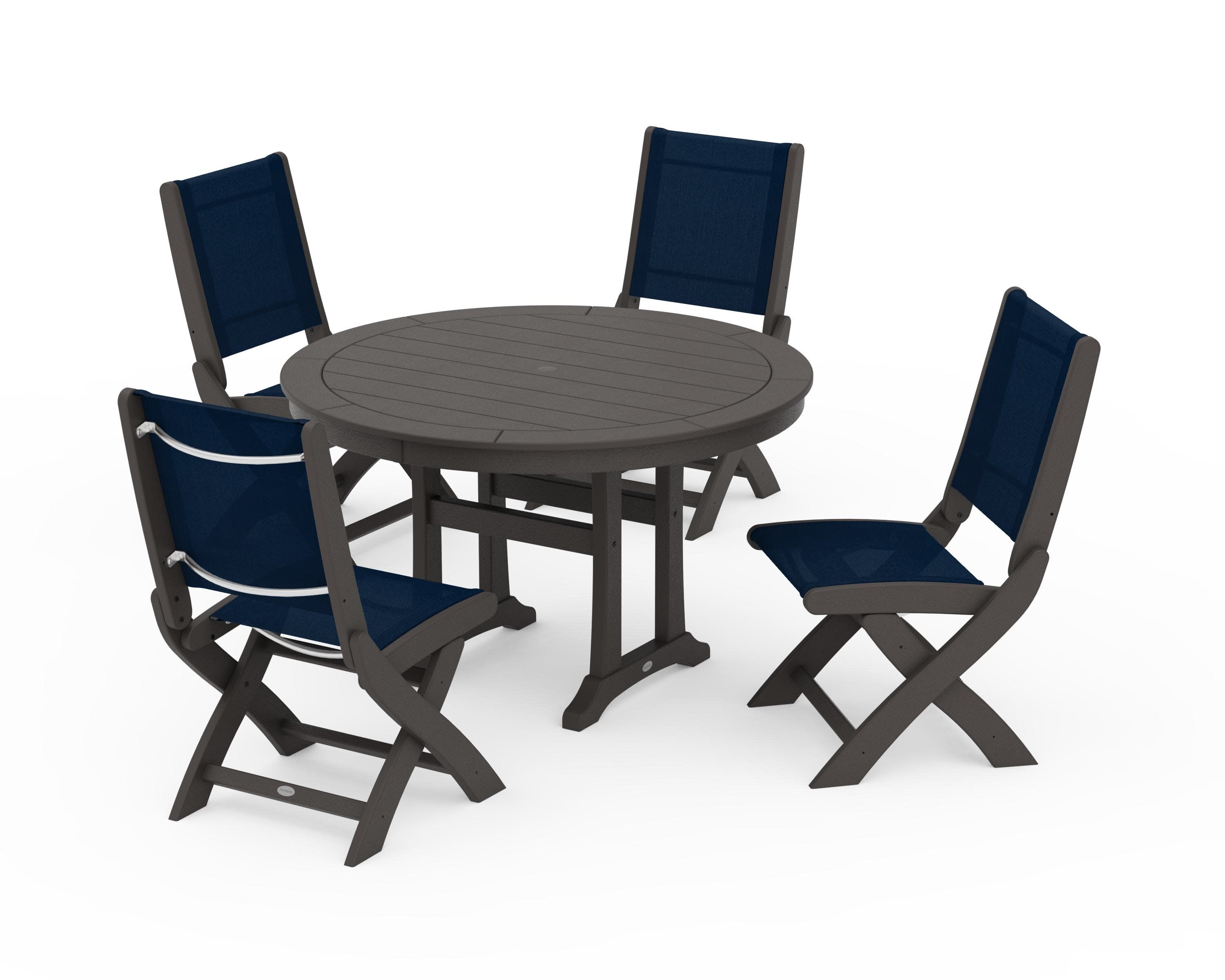 Coastal Folding Side Chair 5-Piece Round Dining Set With Trestle Legs in Vintage Coffee / Navy Blue Sling