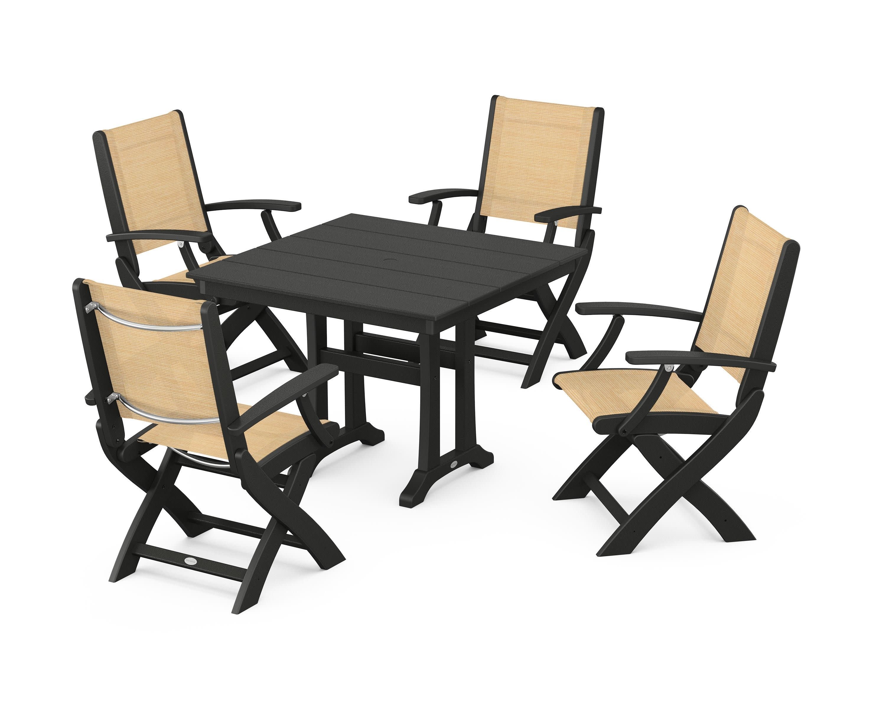 Coastal Folding Chair 5-Piece Farmhouse Dining Set With Trestle Legs in Black / Dupioni Apricot Sling