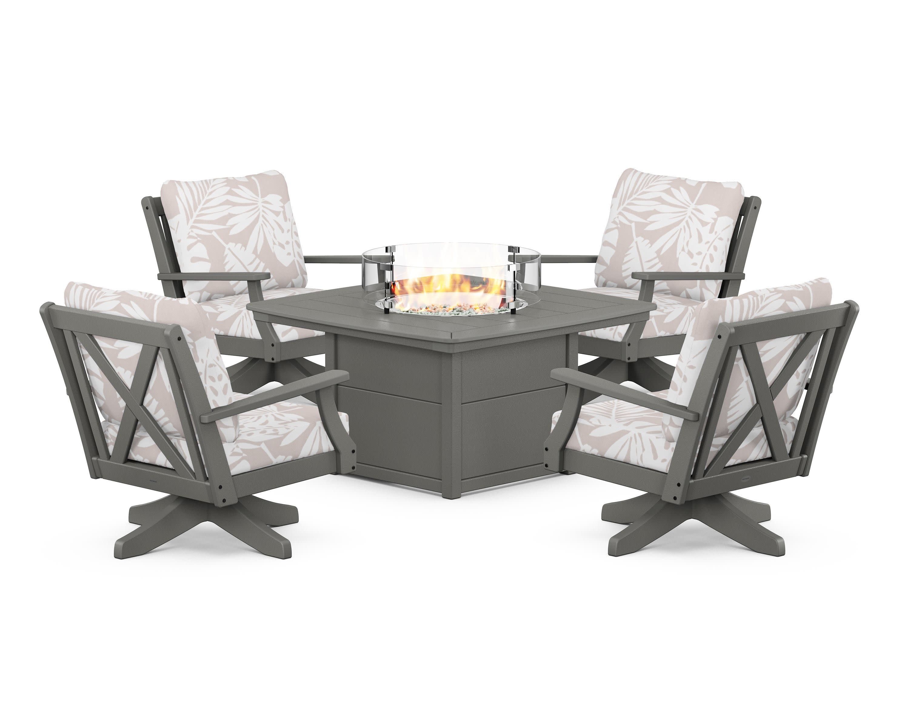 Braxton 5-Piece Deep Seating Swivel Conversation Set with Fire Pit Table in Slate Grey / Leaf Dune Burlap